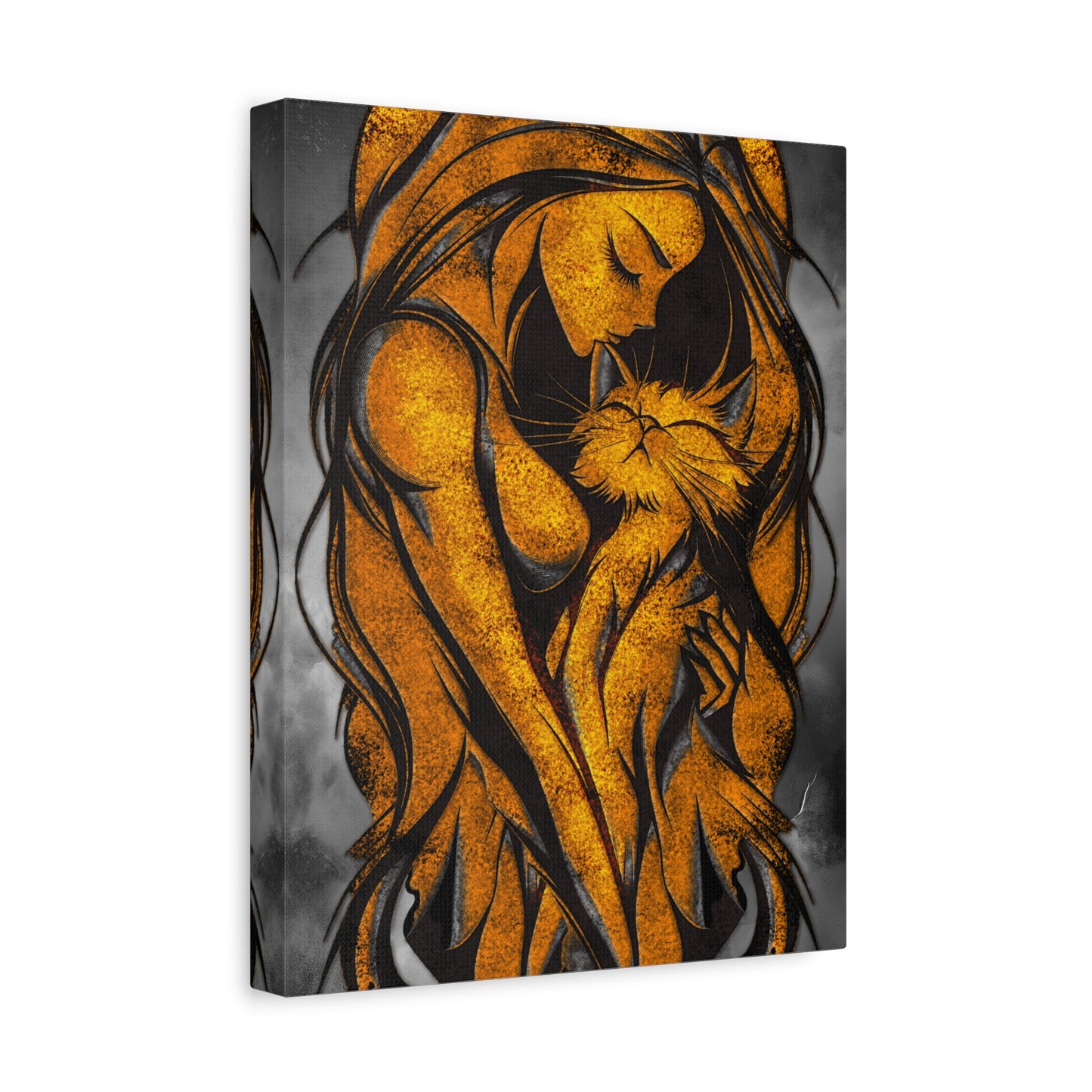 A Vertical Canvas Wall Print, Golden Woman Hugging Cat, Home Decor Wall Art, Matte Print, Stretched Canvas, Gift for Cat Lovers, Wall Decor.