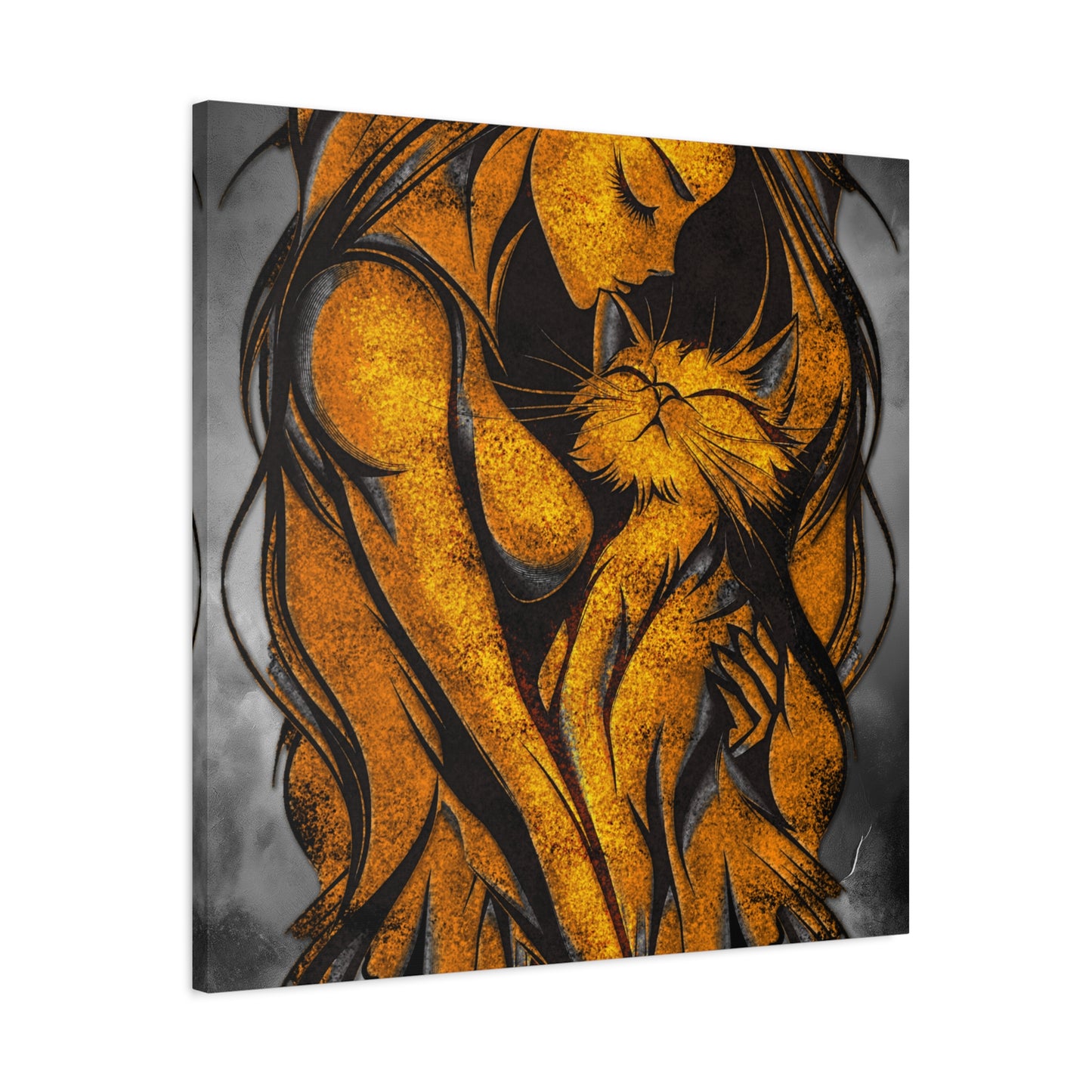 A Vertical Canvas Wall Print, Golden Woman Hugging Cat, Home Decor Wall Art, Matte Print, Stretched Canvas, Gift for Cat Lovers, Wall Decor.