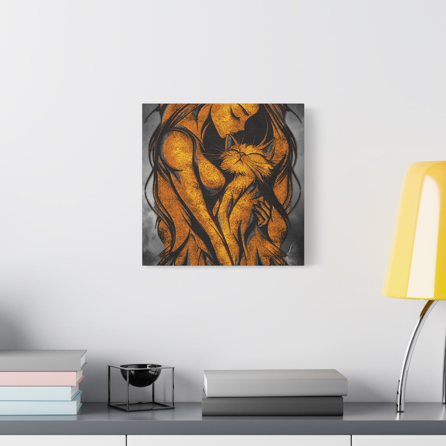 A Vertical Canvas Wall Print, Golden Woman Hugging Cat, Home Decor Wall Art, Matte Print, Stretched Canvas, Gift for Cat Lovers, Wall Decor.