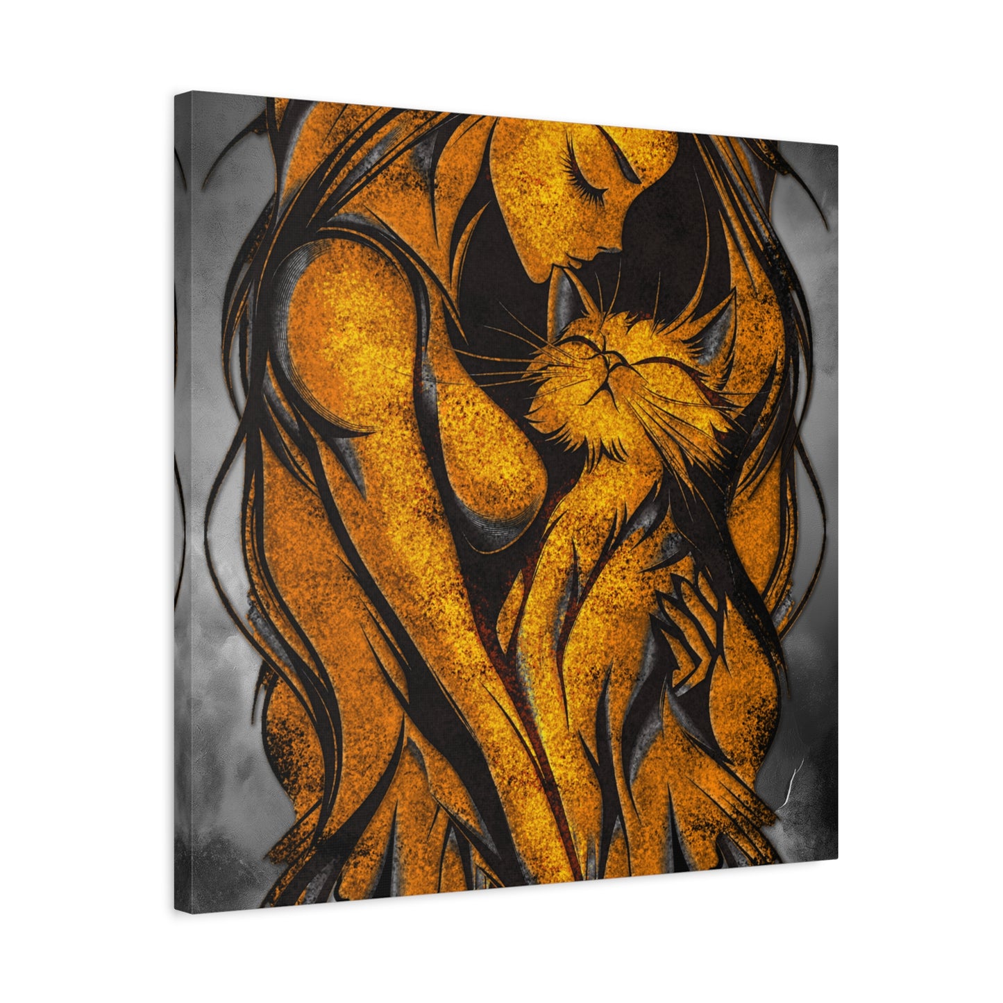 A Vertical Canvas Wall Print, Golden Woman Hugging Cat, Home Decor Wall Art, Matte Print, Stretched Canvas, Gift for Cat Lovers, Wall Decor.