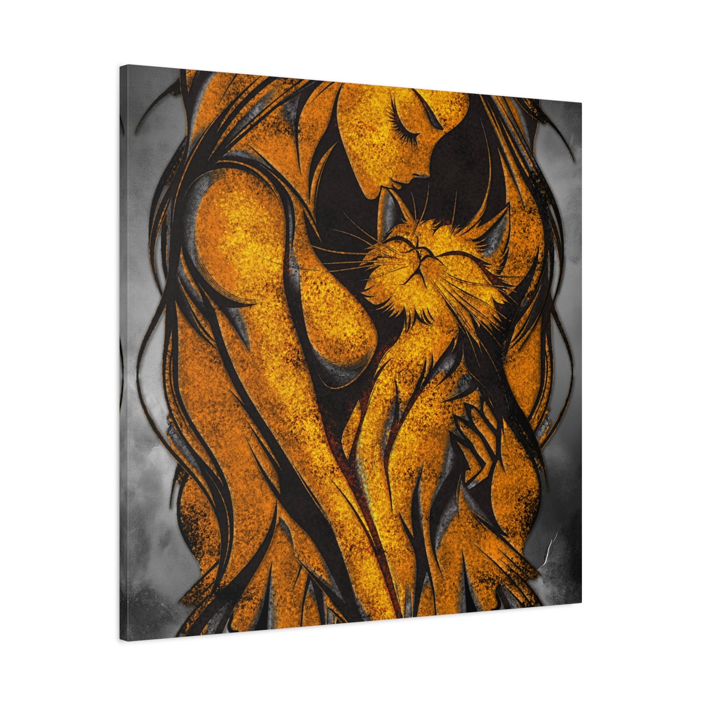 A Vertical Canvas Wall Print, Golden Woman Hugging Cat, Home Decor Wall Art, Matte Print, Stretched Canvas, Gift for Cat Lovers, Wall Decor.