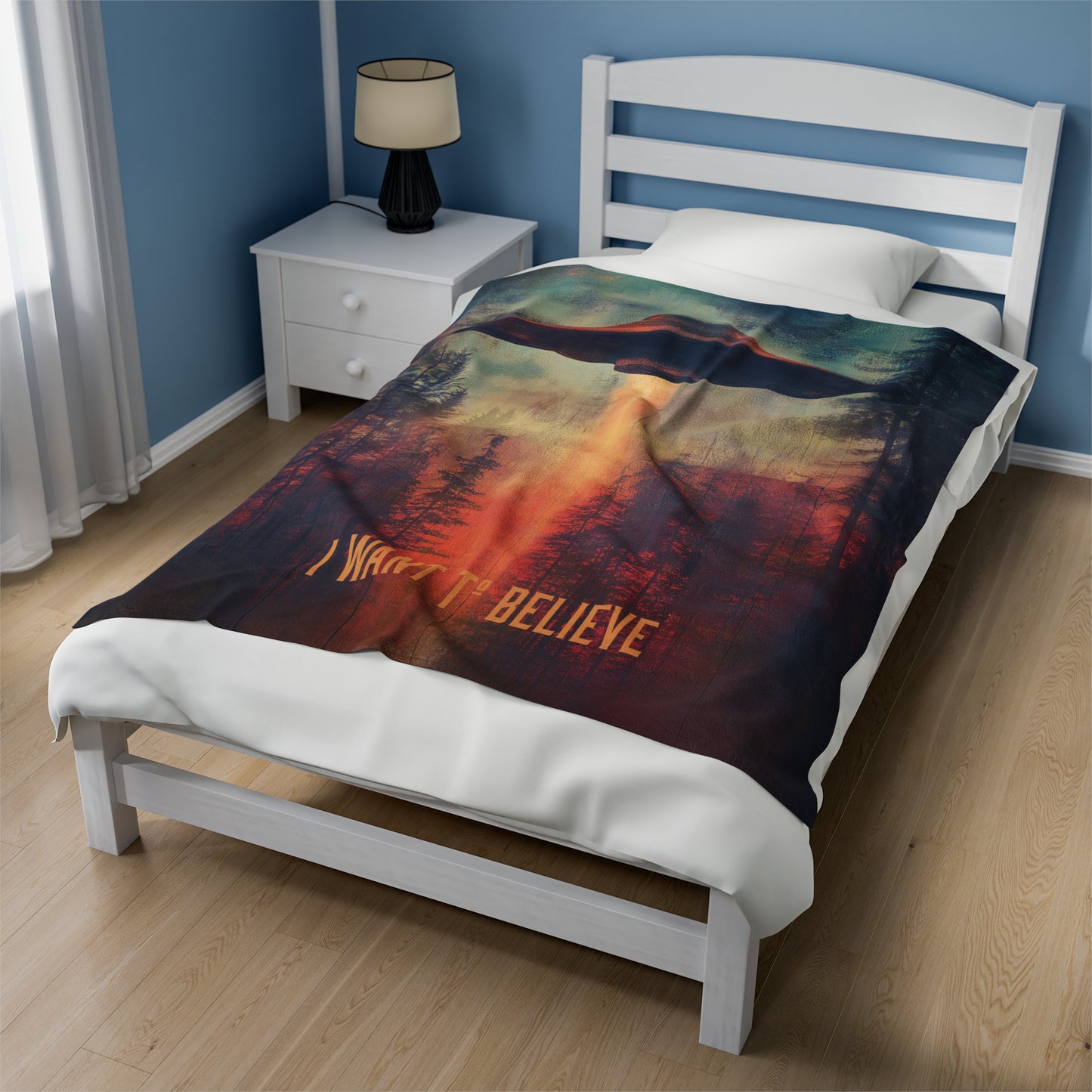 Sci Fi Aliens Velveteen Plush Blanket, UFO Extraterrestrial Space Fleece Throw, X-Files Inspired Home Decor, I Want to Believe Bedding, Area