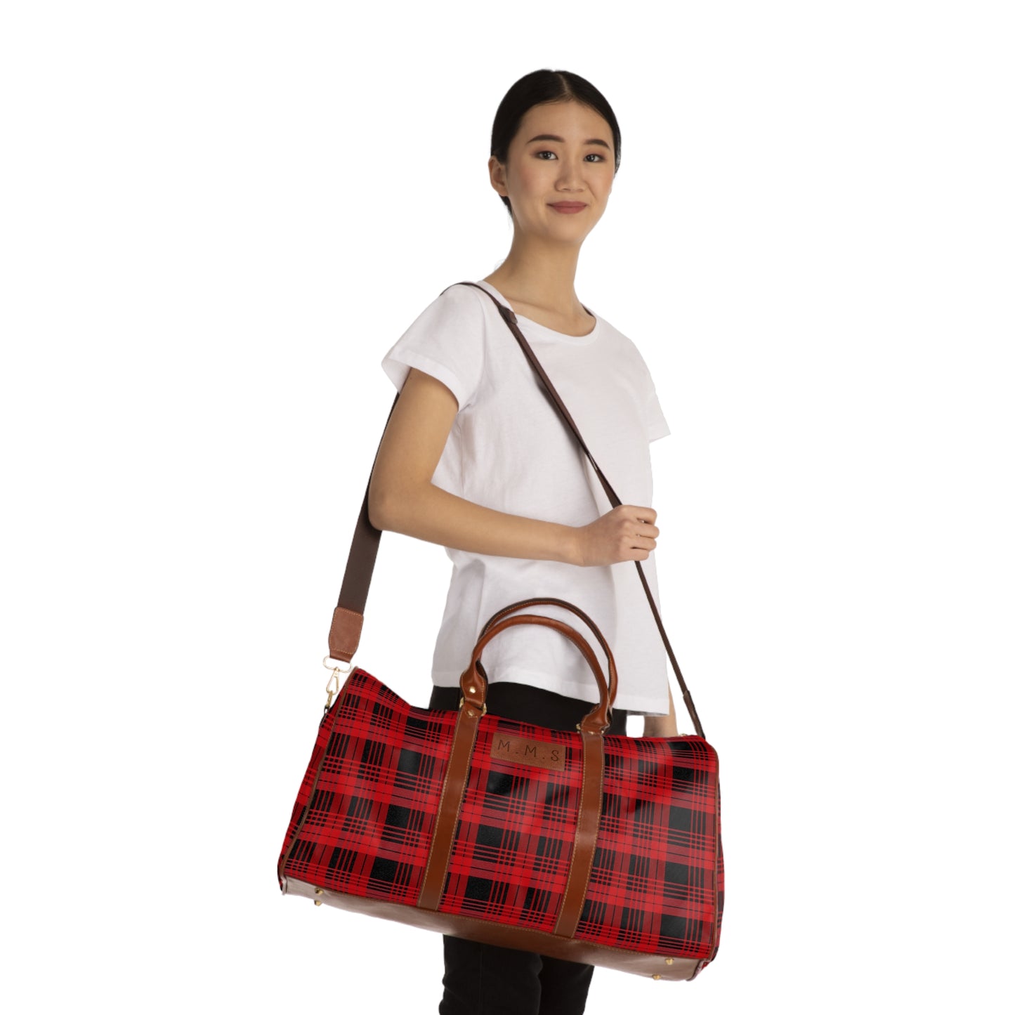 A Custom Plaid Waterproof Travel Bag - Black and Red Plaid Design.
