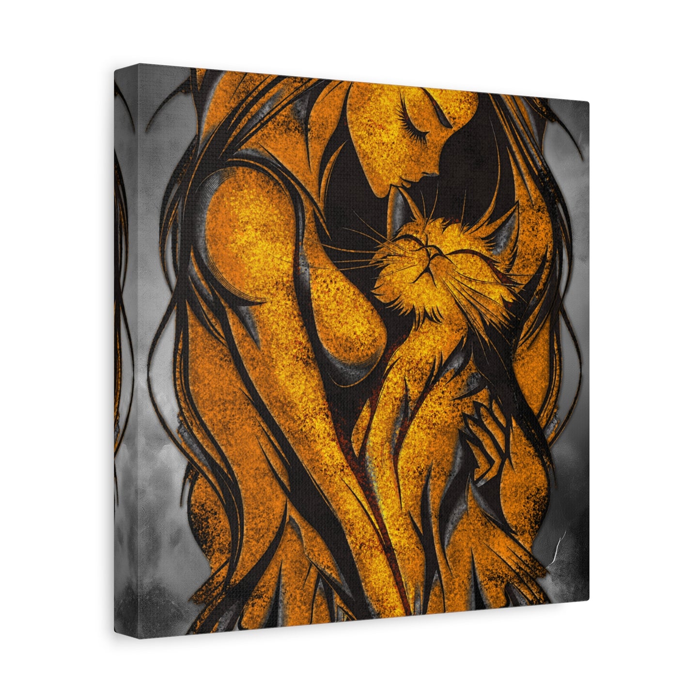 A Vertical Canvas Wall Print, Golden Woman Hugging Cat, Home Decor Wall Art, Matte Print, Stretched Canvas, Gift for Cat Lovers, Wall Decor.