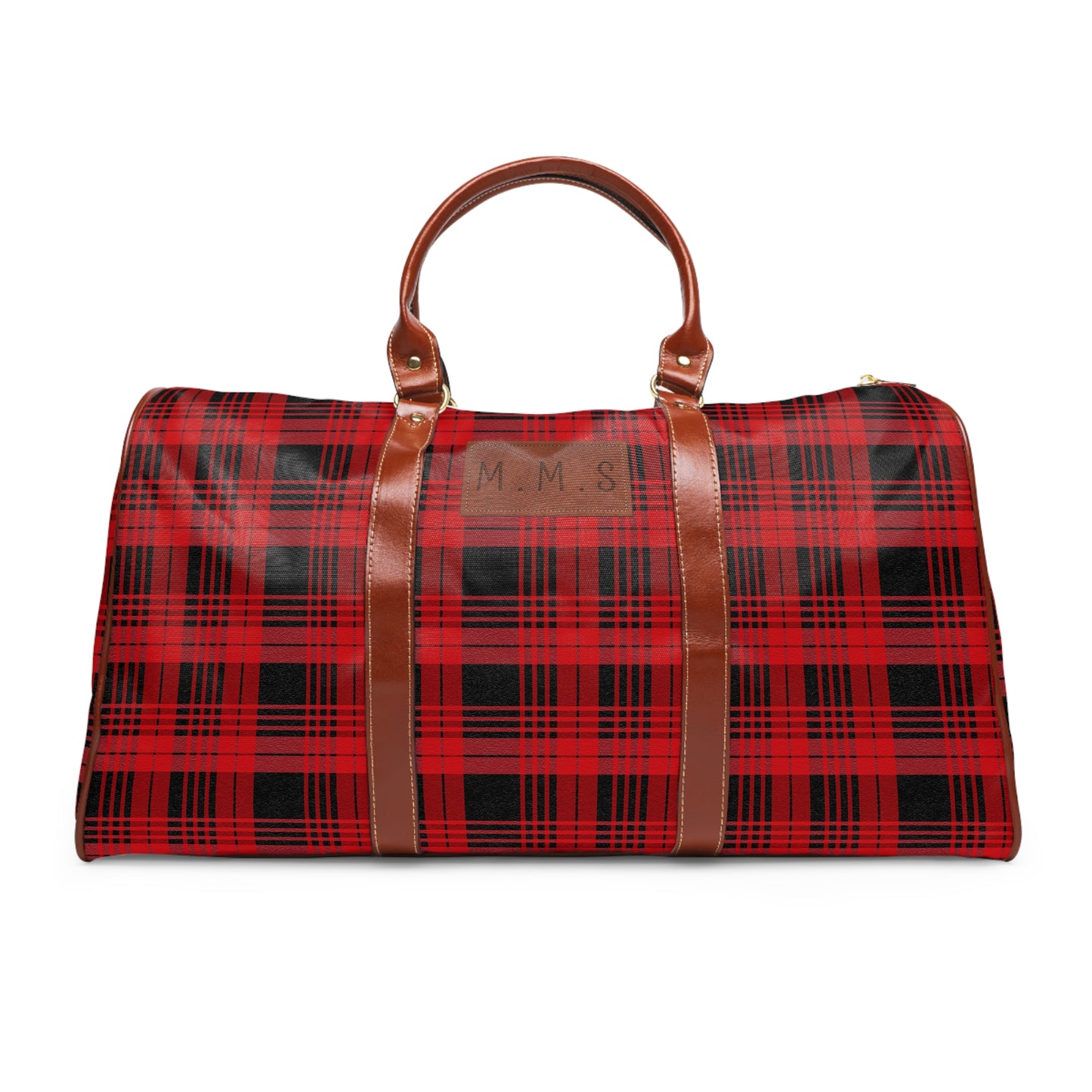 A Custom Plaid Waterproof Travel Bag - Black and Red Plaid Design.