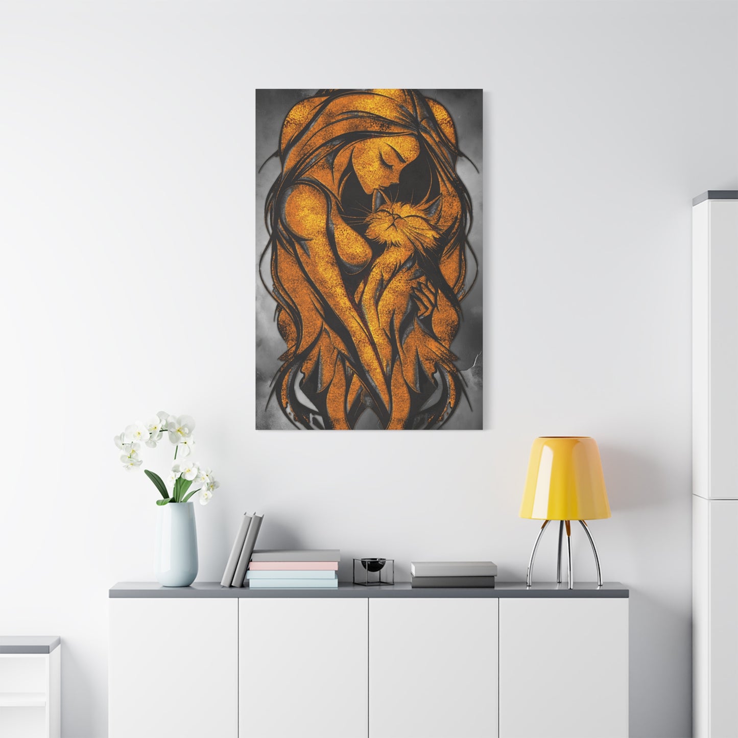 A Vertical Canvas Wall Print, Golden Woman Hugging Cat, Home Decor Wall Art, Matte Print, Stretched Canvas, Gift for Cat Lovers, Wall Decor.