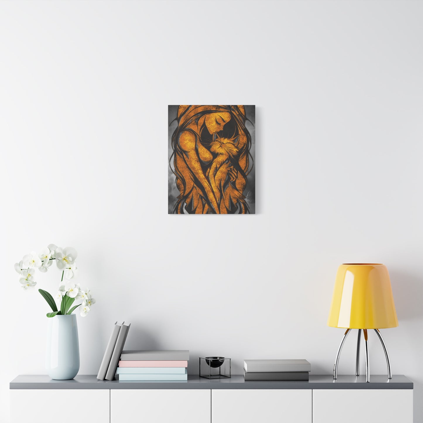 A Vertical Canvas Wall Print, Golden Woman Hugging Cat, Home Decor Wall Art, Matte Print, Stretched Canvas, Gift for Cat Lovers, Wall Decor.