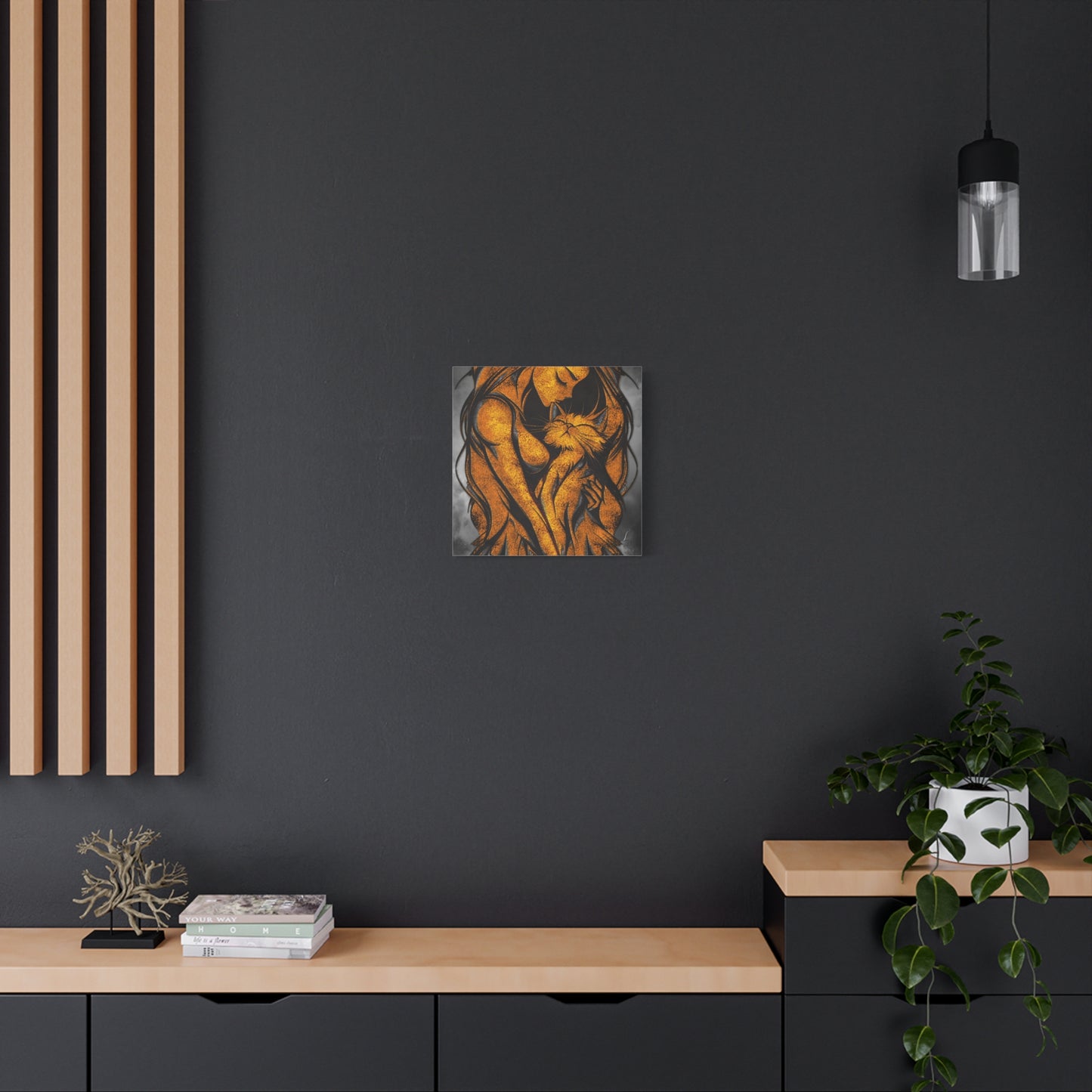 A Vertical Canvas Wall Print, Golden Woman Hugging Cat, Home Decor Wall Art, Matte Print, Stretched Canvas, Gift for Cat Lovers, Wall Decor.