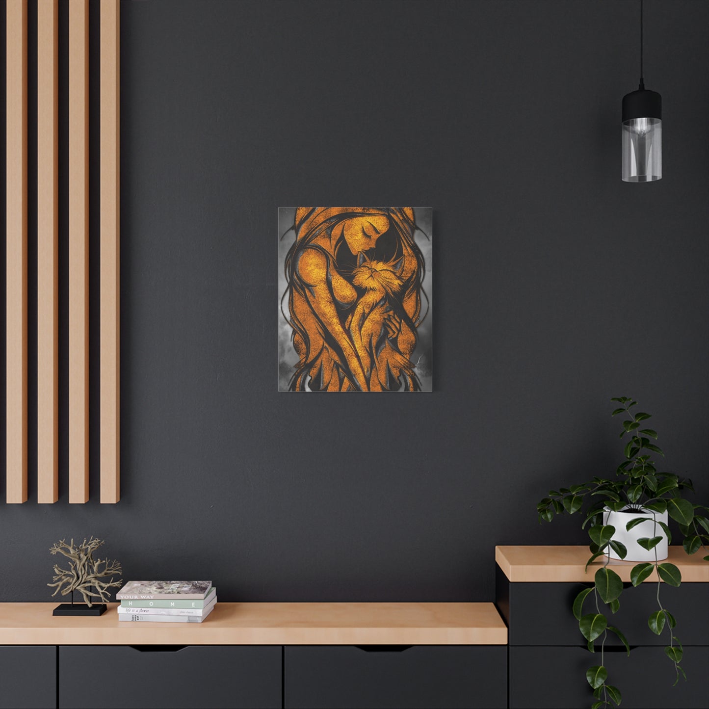 A Vertical Canvas Wall Print, Golden Woman Hugging Cat, Home Decor Wall Art, Matte Print, Stretched Canvas, Gift for Cat Lovers, Wall Decor.