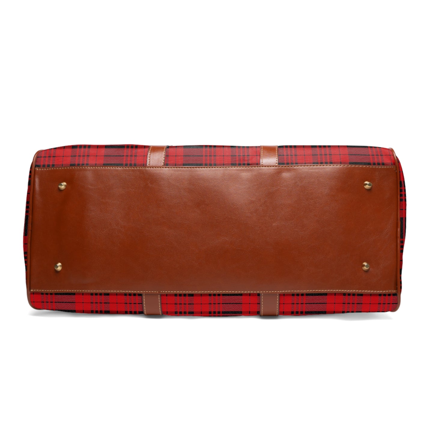 A Custom Plaid Waterproof Travel Bag - Black and Red Plaid Design.