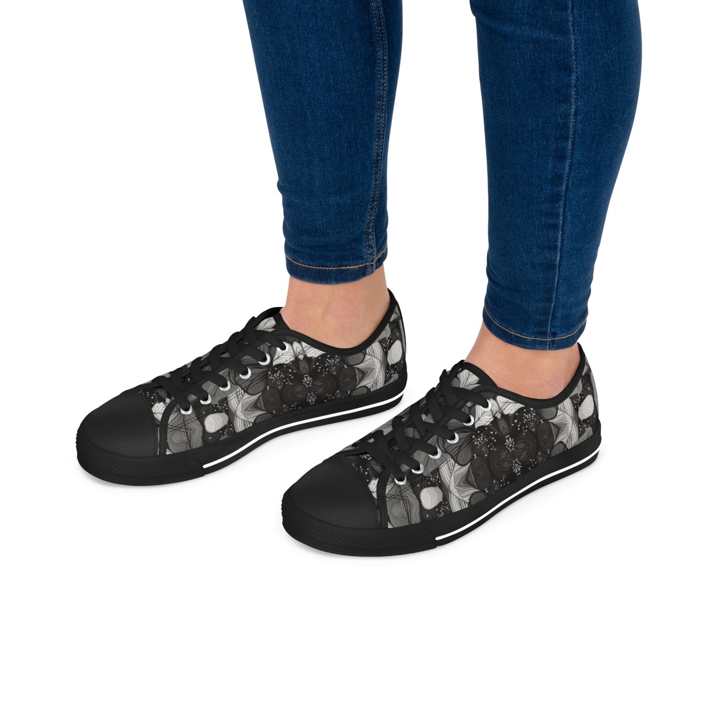 Stylish Women's Black and White Floral Low Top Sneakers.
