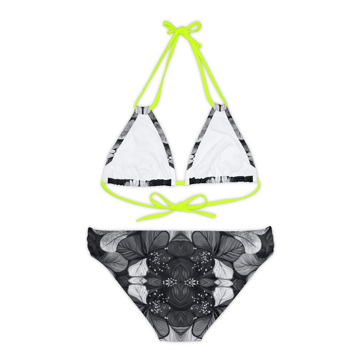 A Women's Strappy Bikini Swimsuit - Black and White Floral.