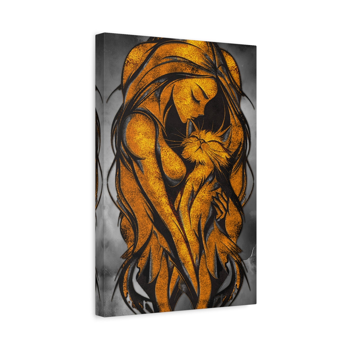 A Vertical Canvas Wall Print, Golden Woman Hugging Cat, Home Decor Wall Art, Matte Print, Stretched Canvas, Gift for Cat Lovers, Wall Decor.