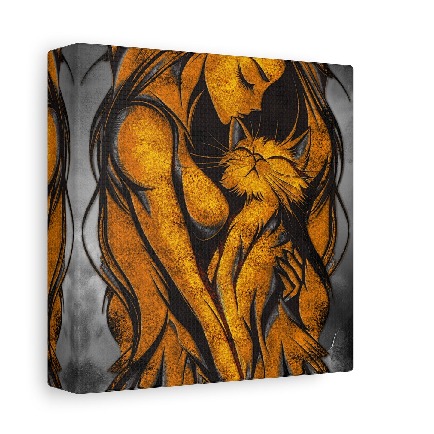 A Vertical Canvas Wall Print, Golden Woman Hugging Cat, Home Decor Wall Art, Matte Print, Stretched Canvas, Gift for Cat Lovers, Wall Decor.