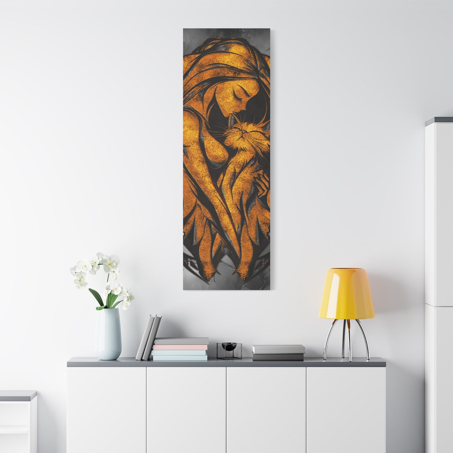 A Vertical Canvas Wall Print, Golden Woman Hugging Cat, Home Decor Wall Art, Matte Print, Stretched Canvas, Gift for Cat Lovers, Wall Decor.