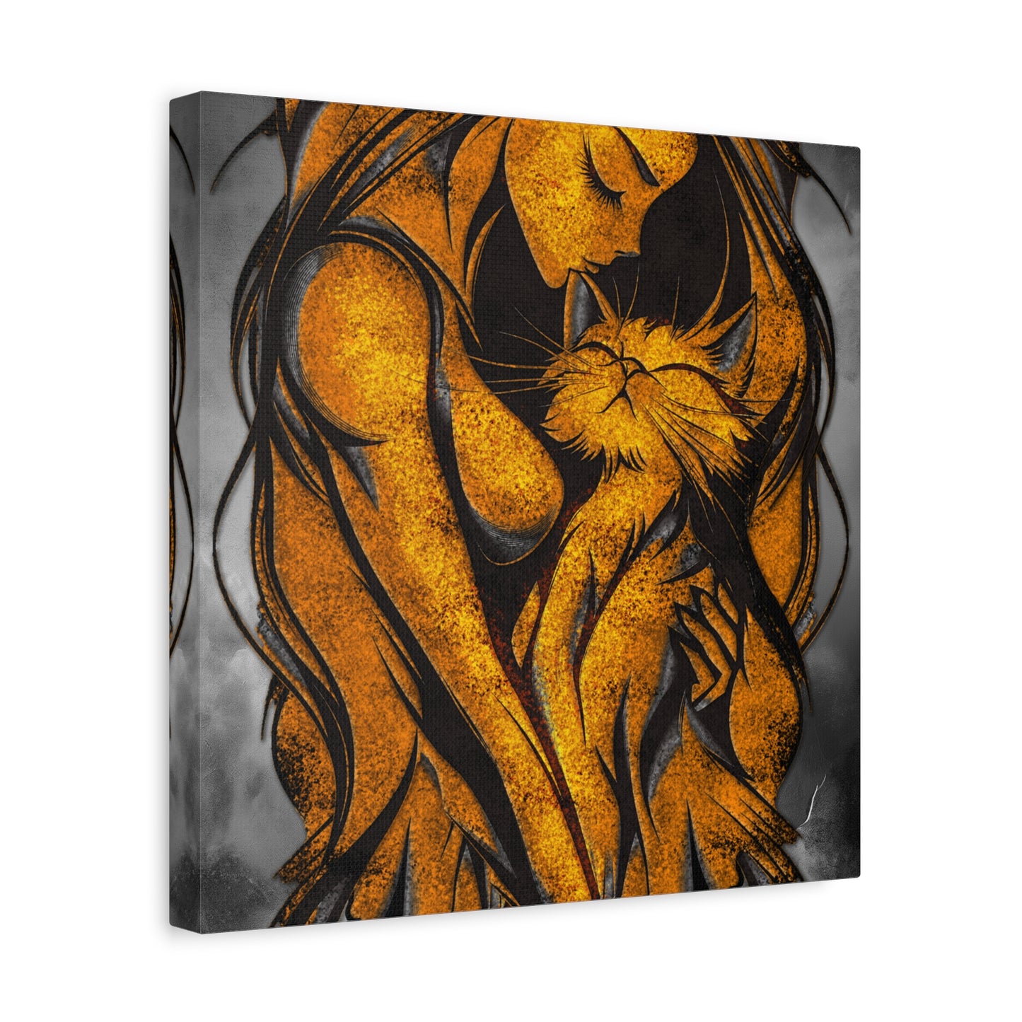 A Vertical Canvas Wall Print, Golden Woman Hugging Cat, Home Decor Wall Art, Matte Print, Stretched Canvas, Gift for Cat Lovers, Wall Decor.