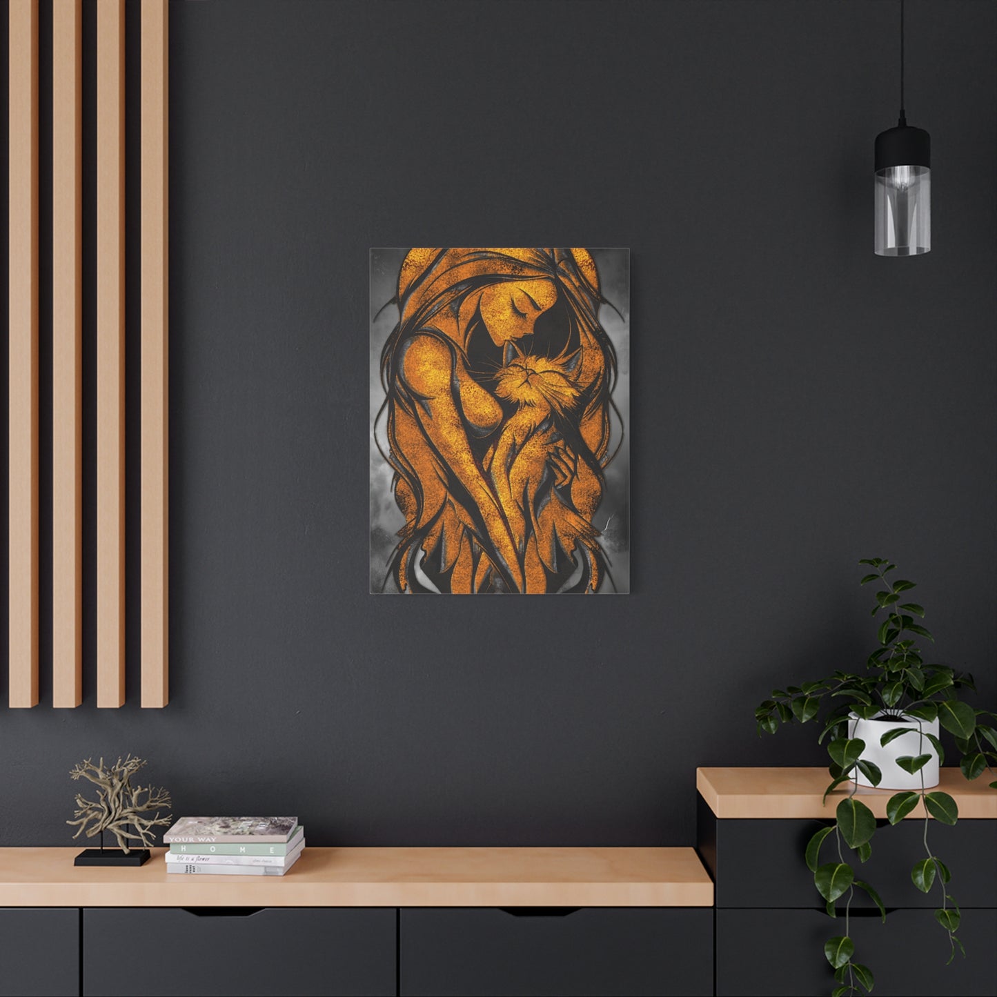 A Vertical Canvas Wall Print, Golden Woman Hugging Cat, Home Decor Wall Art, Matte Print, Stretched Canvas, Gift for Cat Lovers, Wall Decor.