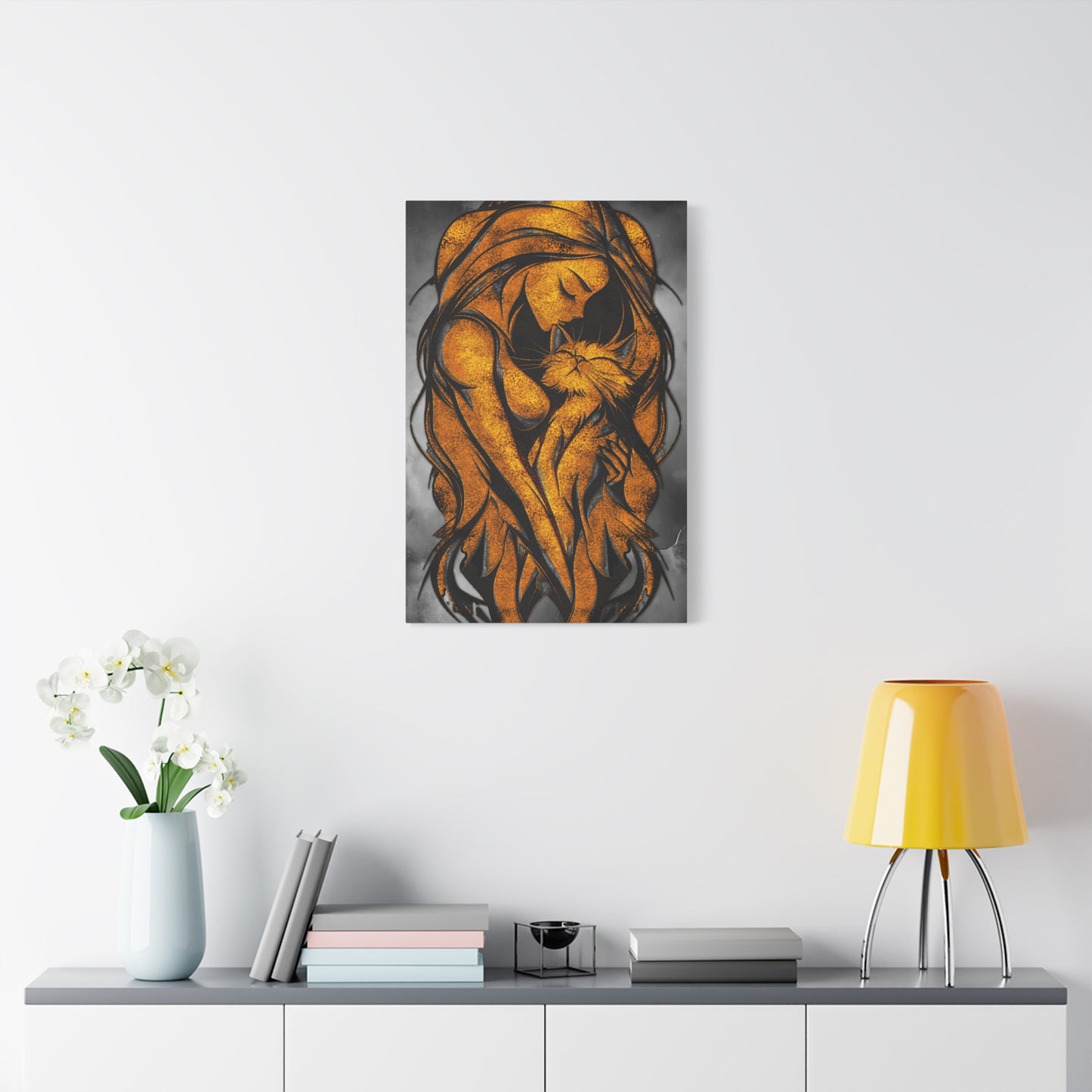 A Vertical Canvas Wall Print, Golden Woman Hugging Cat, Home Decor Wall Art, Matte Print, Stretched Canvas, Gift for Cat Lovers, Wall Decor.