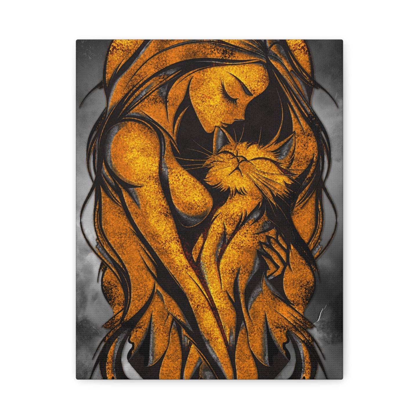 A Vertical Canvas Wall Print, Golden Woman Hugging Cat, Home Decor Wall Art, Matte Print, Stretched Canvas, Gift for Cat Lovers, Wall Decor.