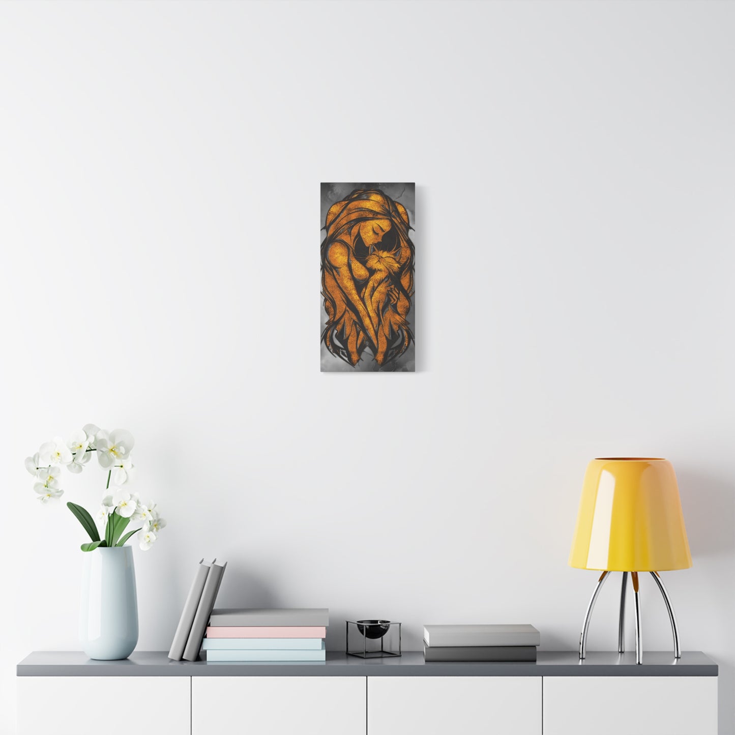 A Vertical Canvas Wall Print, Golden Woman Hugging Cat, Home Decor Wall Art, Matte Print, Stretched Canvas, Gift for Cat Lovers, Wall Decor.