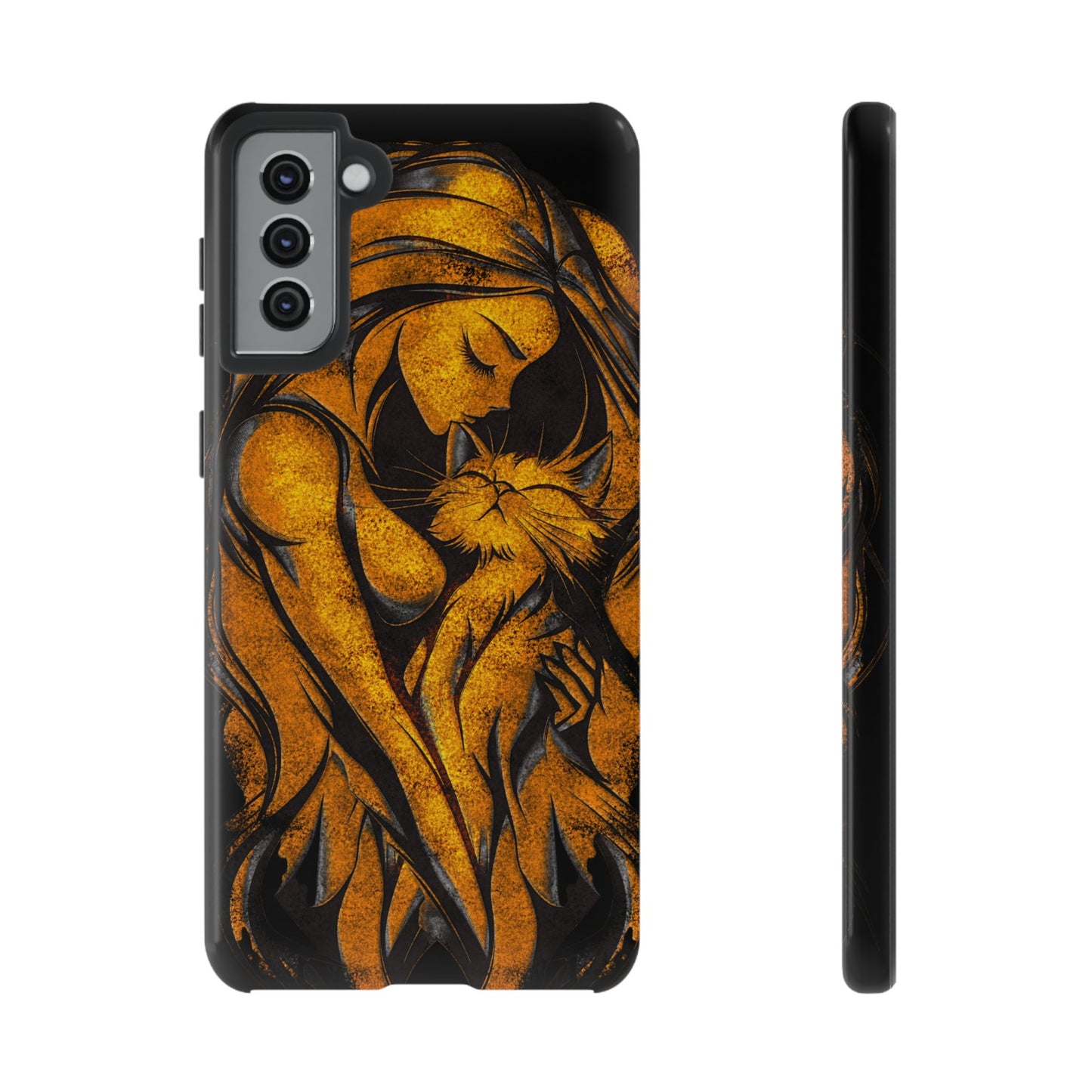 Phone Tough Case, Woman Hugging Cat, Gold on Black, Gift for Cat Lovers, Protective Case, Mobile Accessories