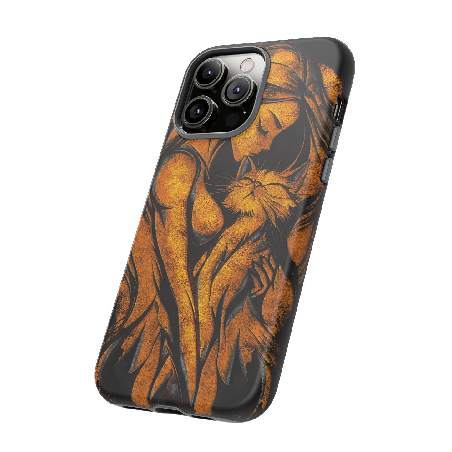 Phone Tough Case, Woman Hugging Cat, Gold on Black, Gift for Cat Lovers, Protective Case, Mobile Accessories