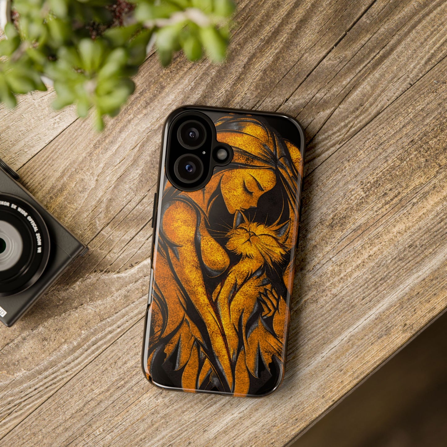 Phone Tough Case, Woman Hugging Cat, Gold on Black, Gift for Cat Lovers, Protective Case, Mobile Accessories