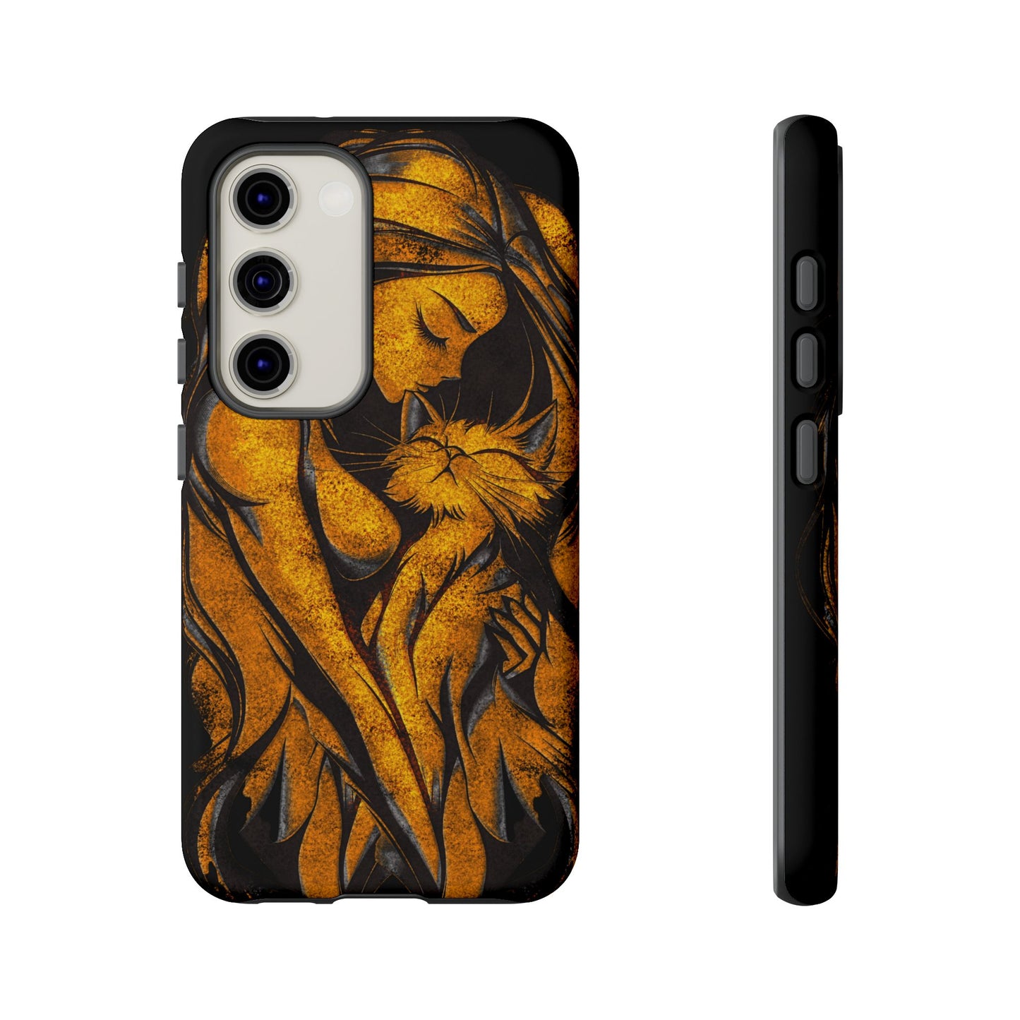 Phone Tough Case, Woman Hugging Cat, Gold on Black, Gift for Cat Lovers, Protective Case, Mobile Accessories