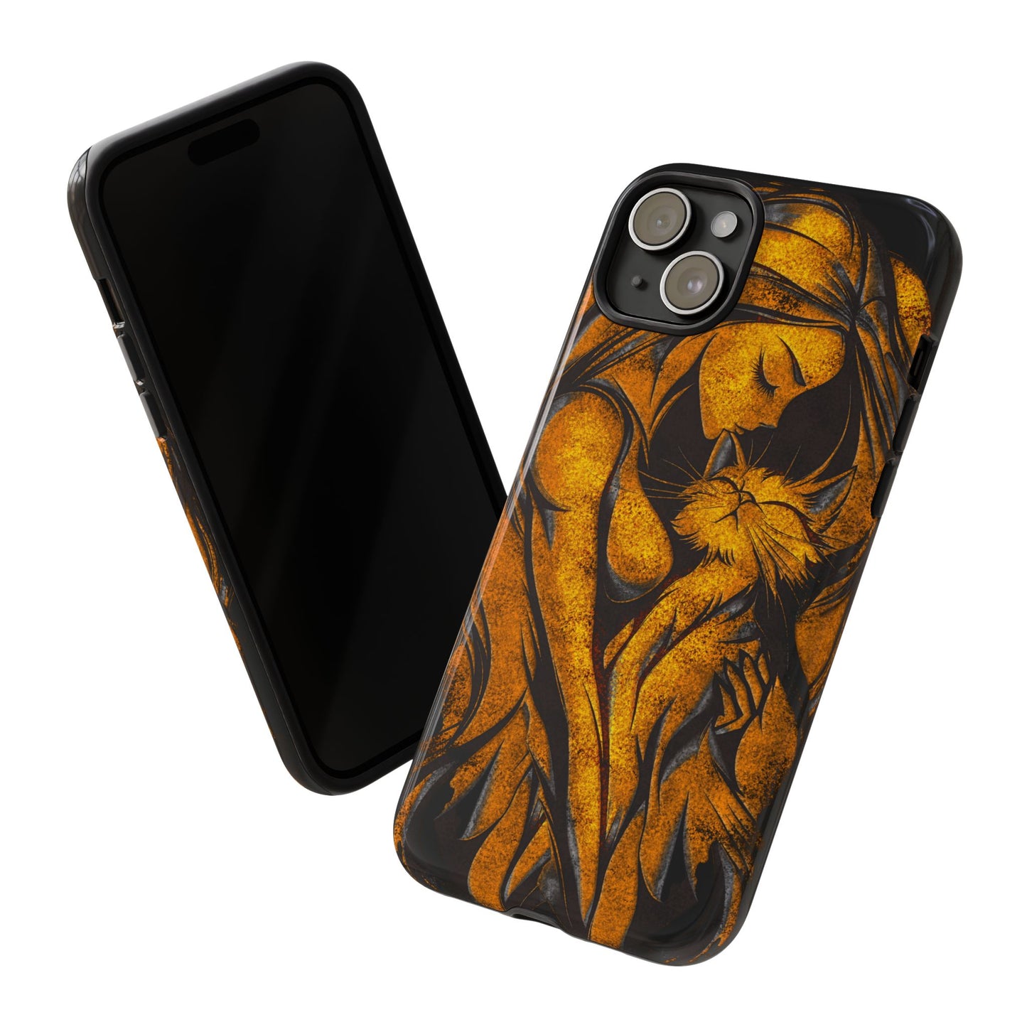 Phone Tough Case, Woman Hugging Cat, Gold on Black, Gift for Cat Lovers, Protective Case, Mobile Accessories