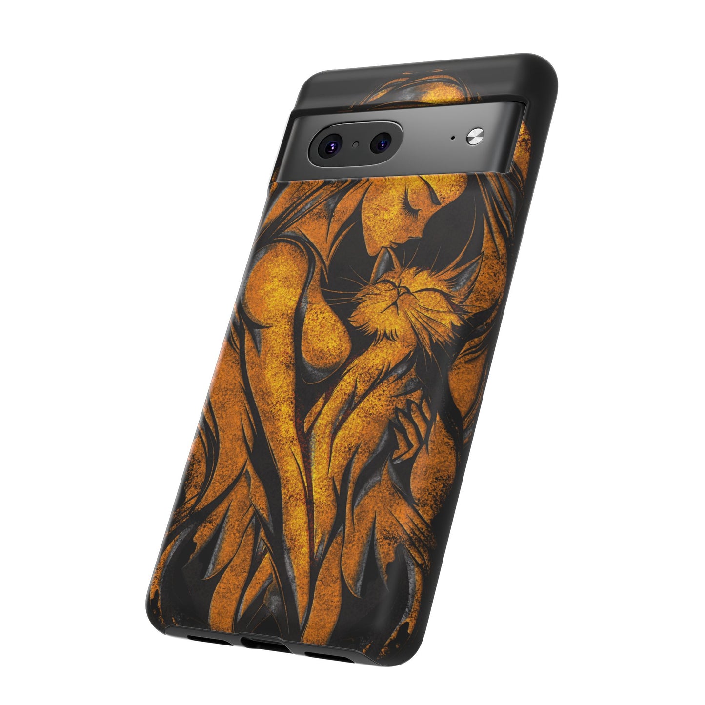 Phone Tough Case, Woman Hugging Cat, Gold on Black, Gift for Cat Lovers, Protective Case, Mobile Accessories
