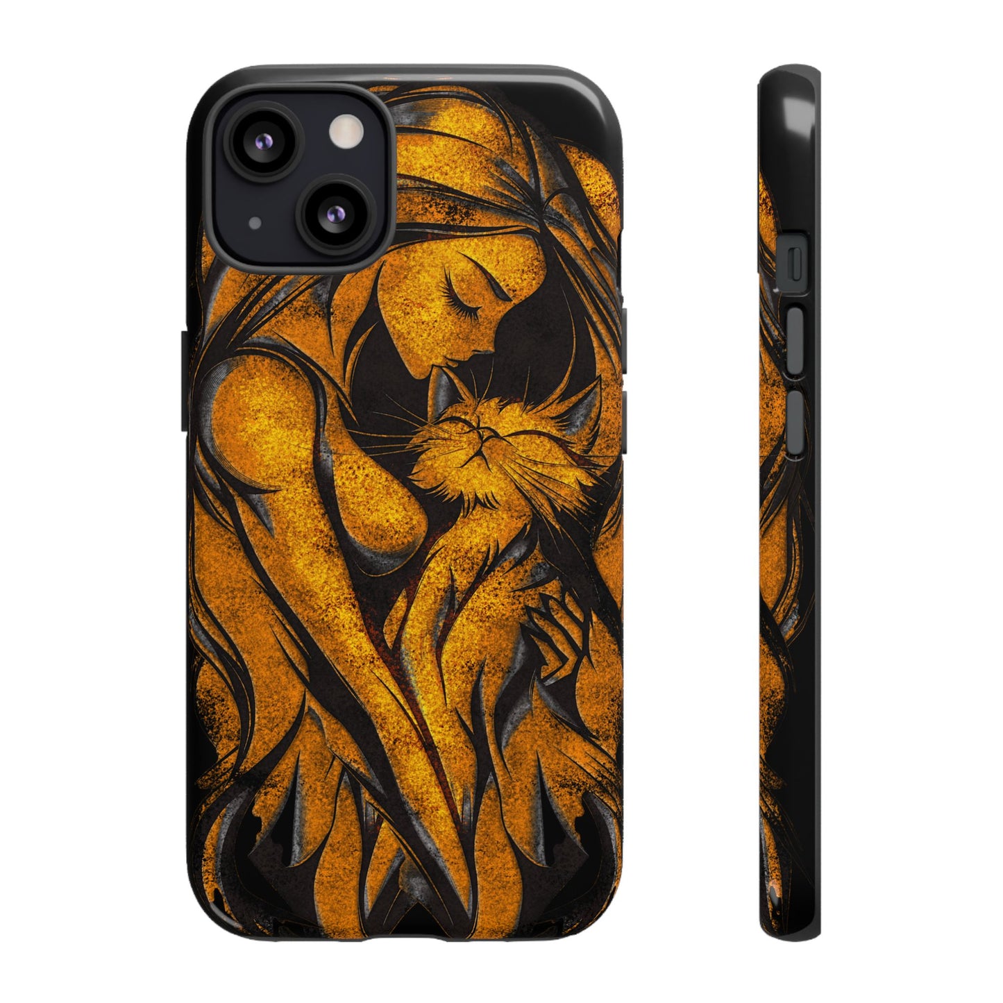 Phone Tough Case, Woman Hugging Cat, Gold on Black, Gift for Cat Lovers, Protective Case, Mobile Accessories