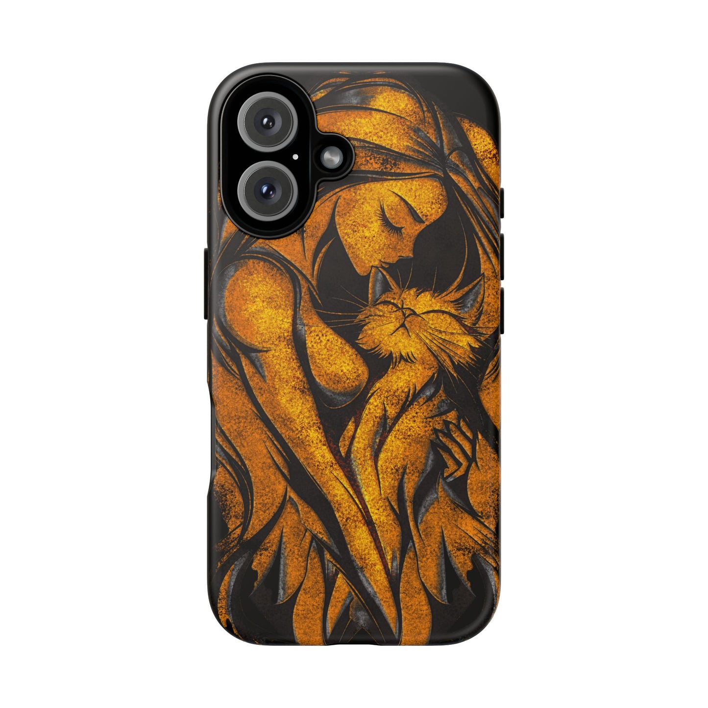 Phone Tough Case, Woman Hugging Cat, Gold on Black, Gift for Cat Lovers, Protective Case, Mobile Accessories