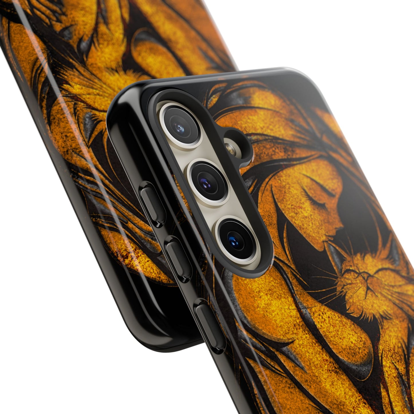 Phone Tough Case, Woman Hugging Cat, Gold on Black, Gift for Cat Lovers, Protective Case, Mobile Accessories