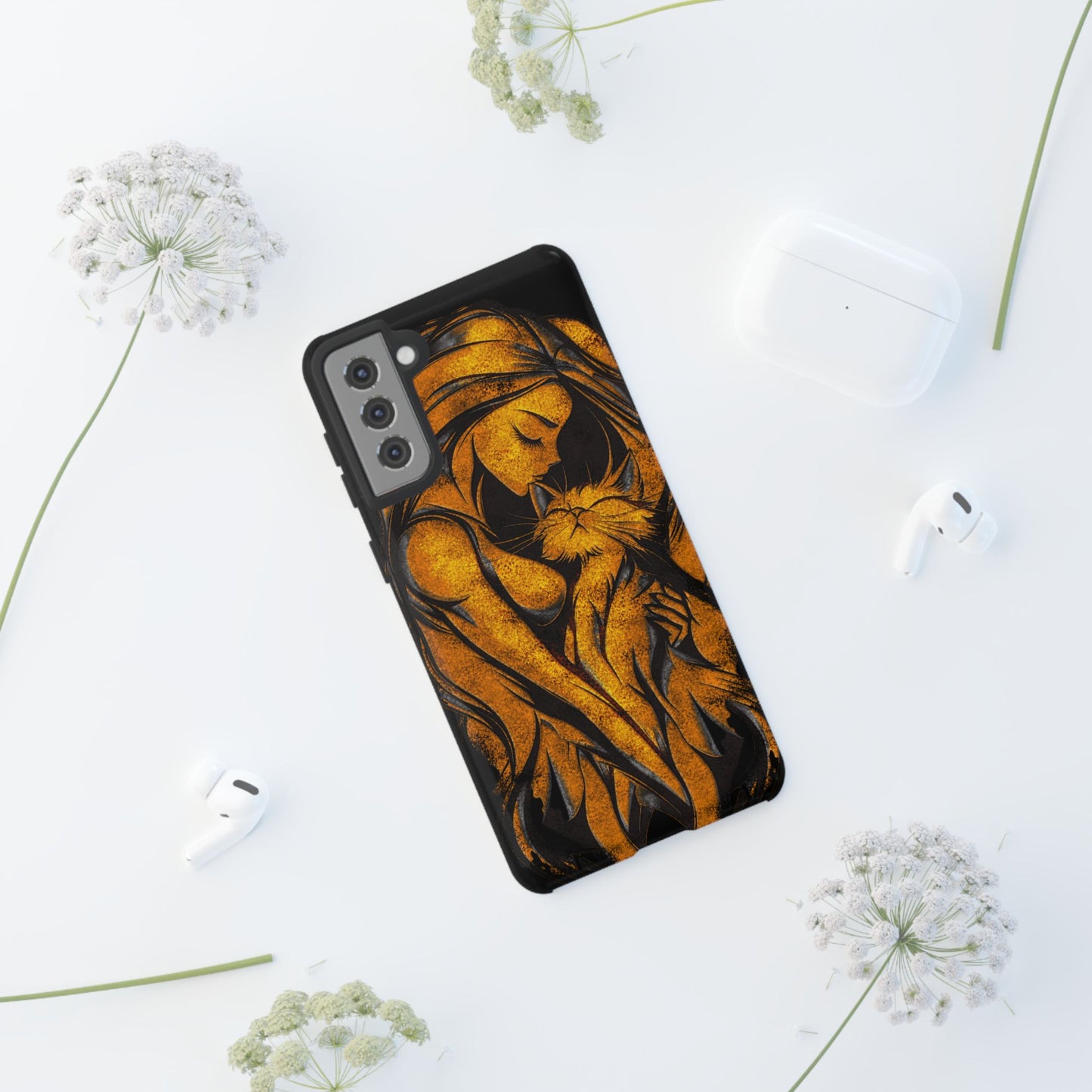 Phone Tough Case, Woman Hugging Cat, Gold on Black, Gift for Cat Lovers, Protective Case, Mobile Accessories