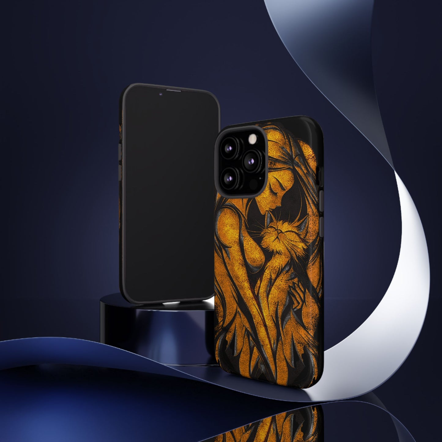 Phone Tough Case, Woman Hugging Cat, Gold on Black, Gift for Cat Lovers, Protective Case, Mobile Accessories