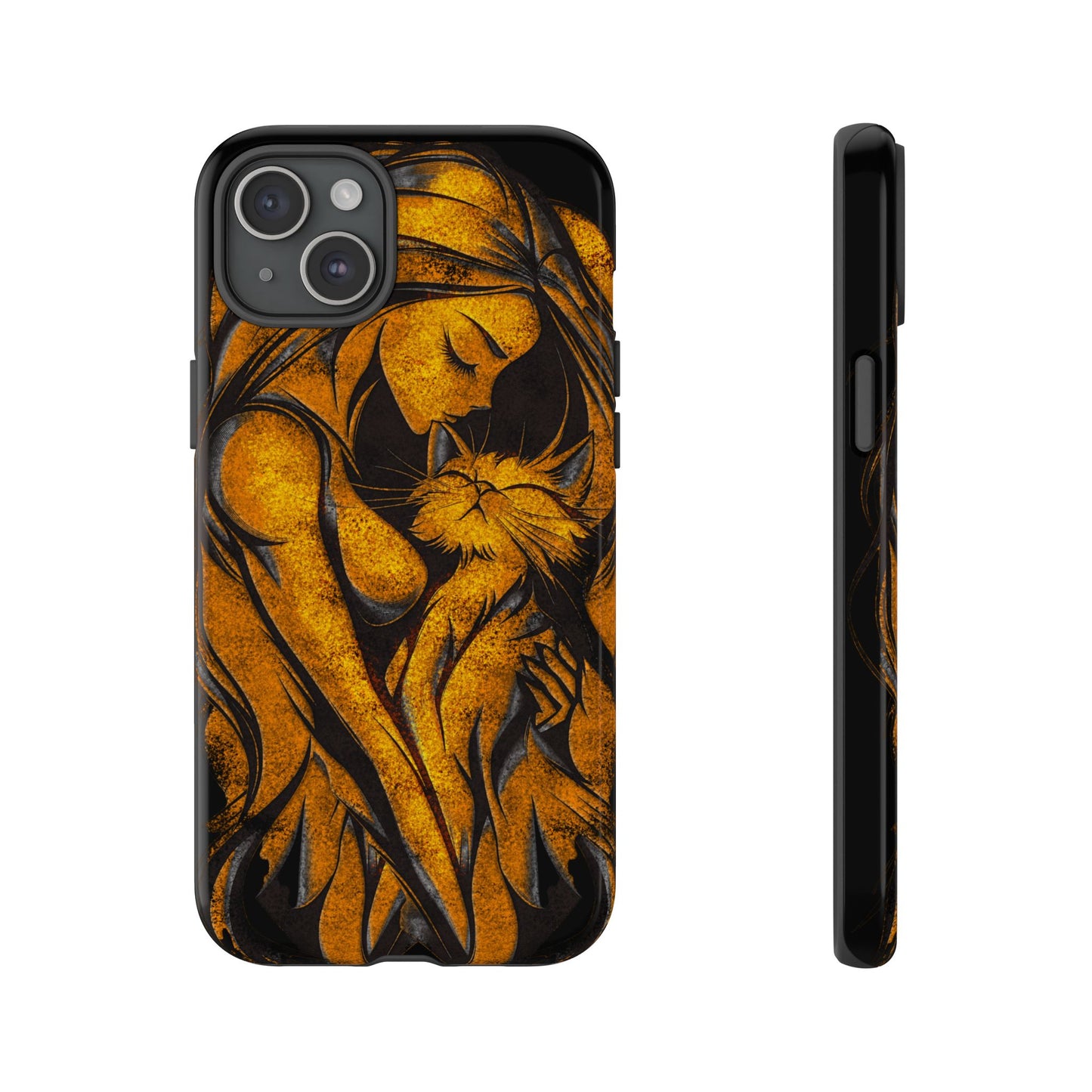 Phone Tough Case, Woman Hugging Cat, Gold on Black, Gift for Cat Lovers, Protective Case, Mobile Accessories