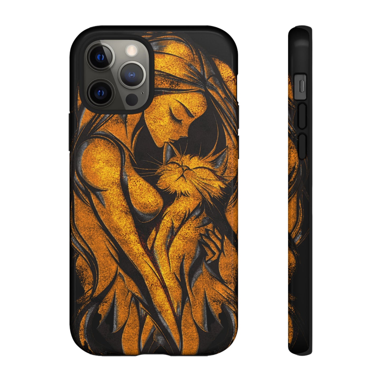 Phone Tough Case, Woman Hugging Cat, Gold on Black, Gift for Cat Lovers, Protective Case, Mobile Accessories