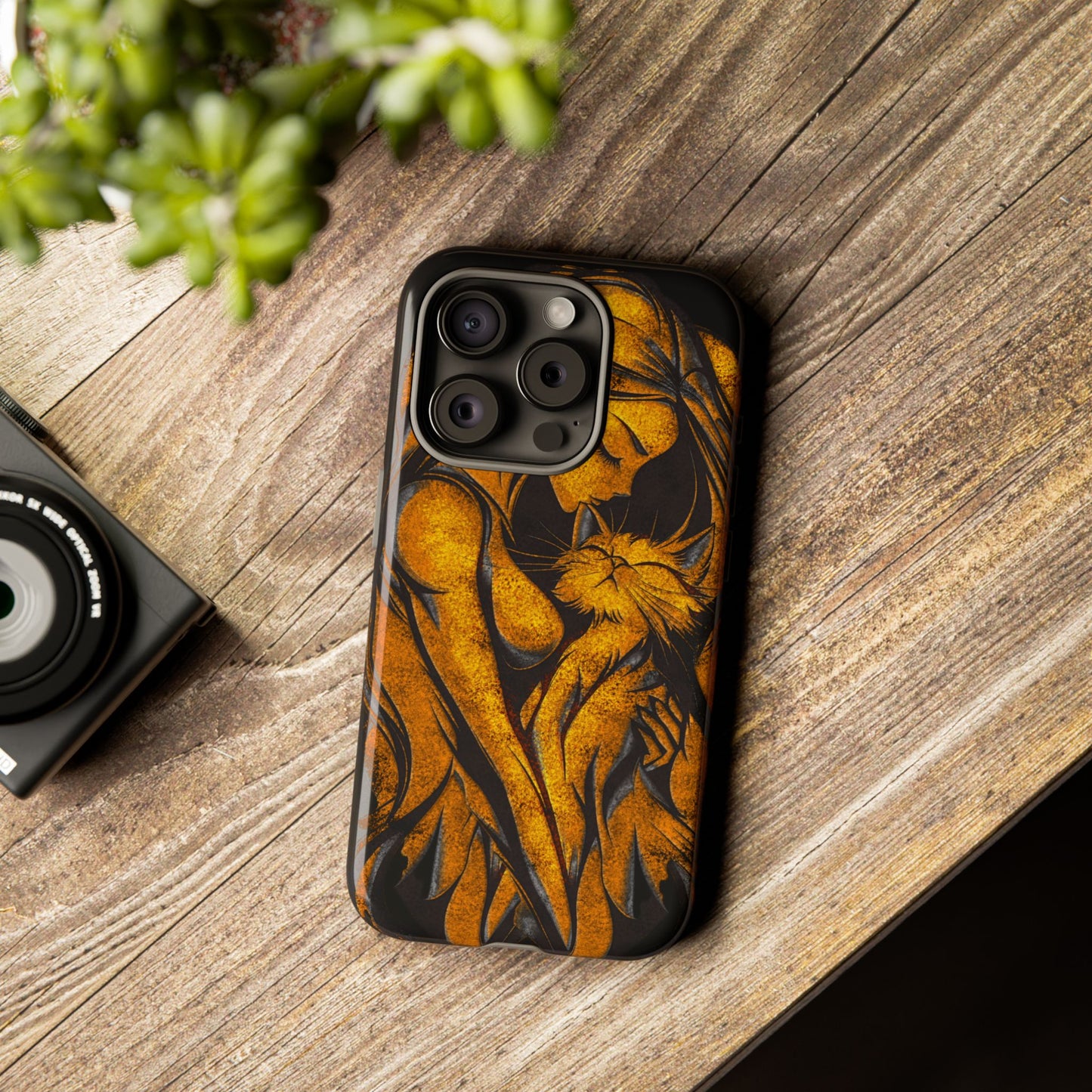 Phone Tough Case, Woman Hugging Cat, Gold on Black, Gift for Cat Lovers, Protective Case, Mobile Accessories