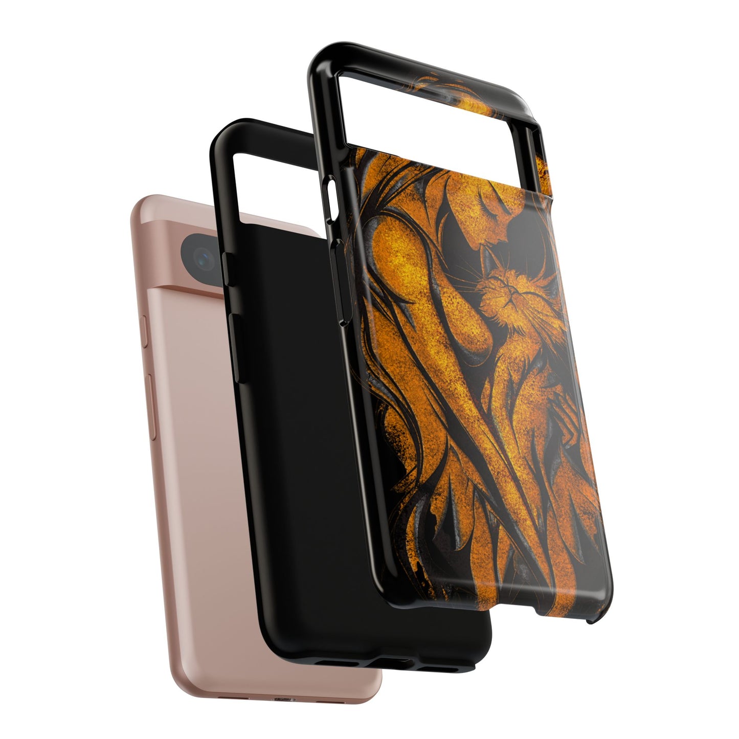 Phone Tough Case, Woman Hugging Cat, Gold on Black, Gift for Cat Lovers, Protective Case, Mobile Accessories