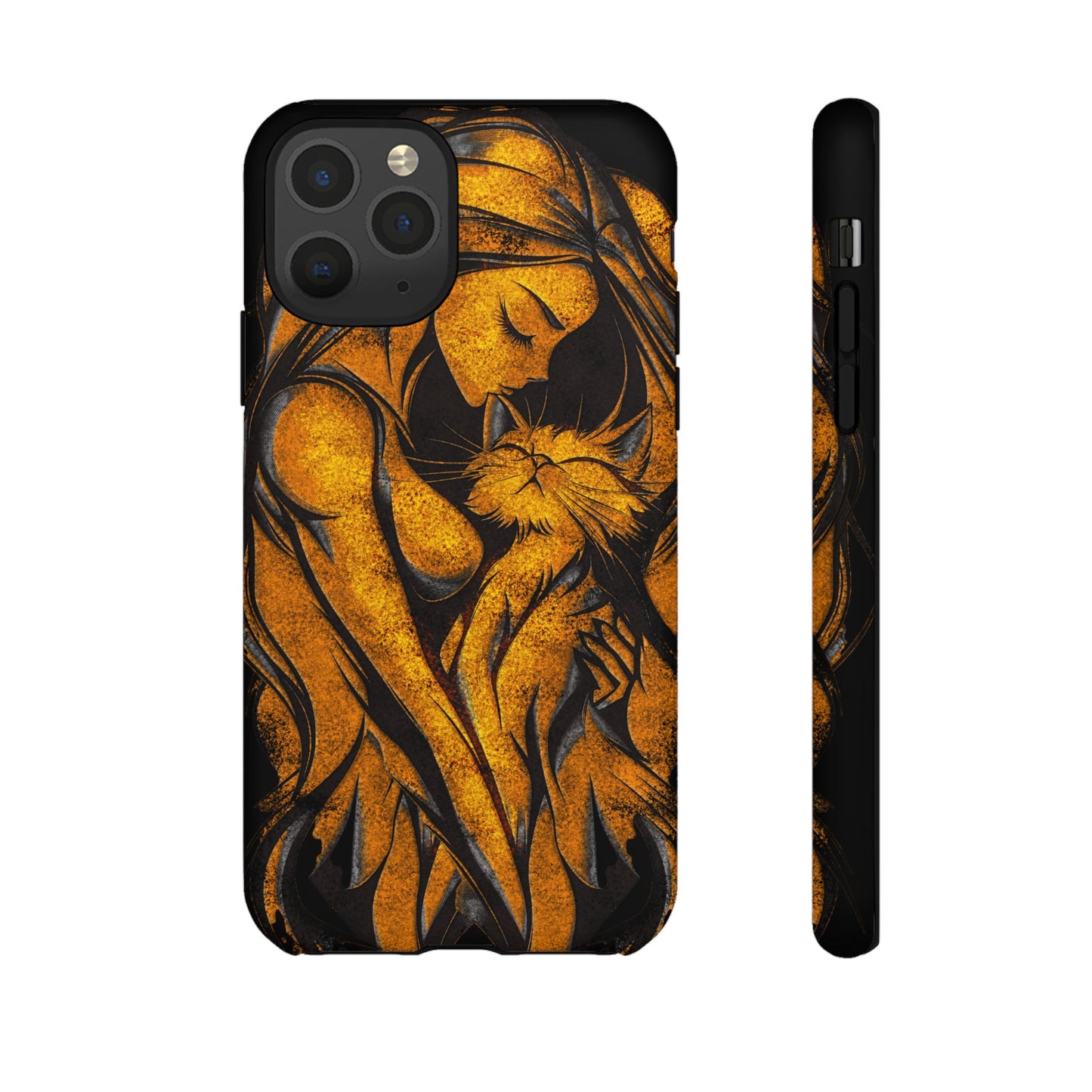 Phone Tough Case, Woman Hugging Cat, Gold on Black, Gift for Cat Lovers, Protective Case, Mobile Accessories