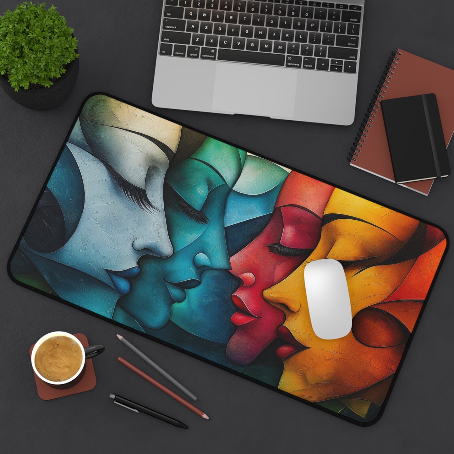 Faces Desk Mat, Faces in an Abstract Cubistic Design for Office Desk Decor, Mouse Pad Table Protector, Gaming Mouse Pad.