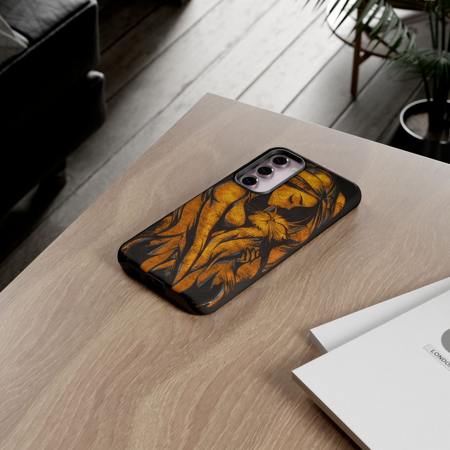 Phone Tough Case, Woman Hugging Cat, Gold on Black, Gift for Cat Lovers, Protective Case, Mobile Accessories