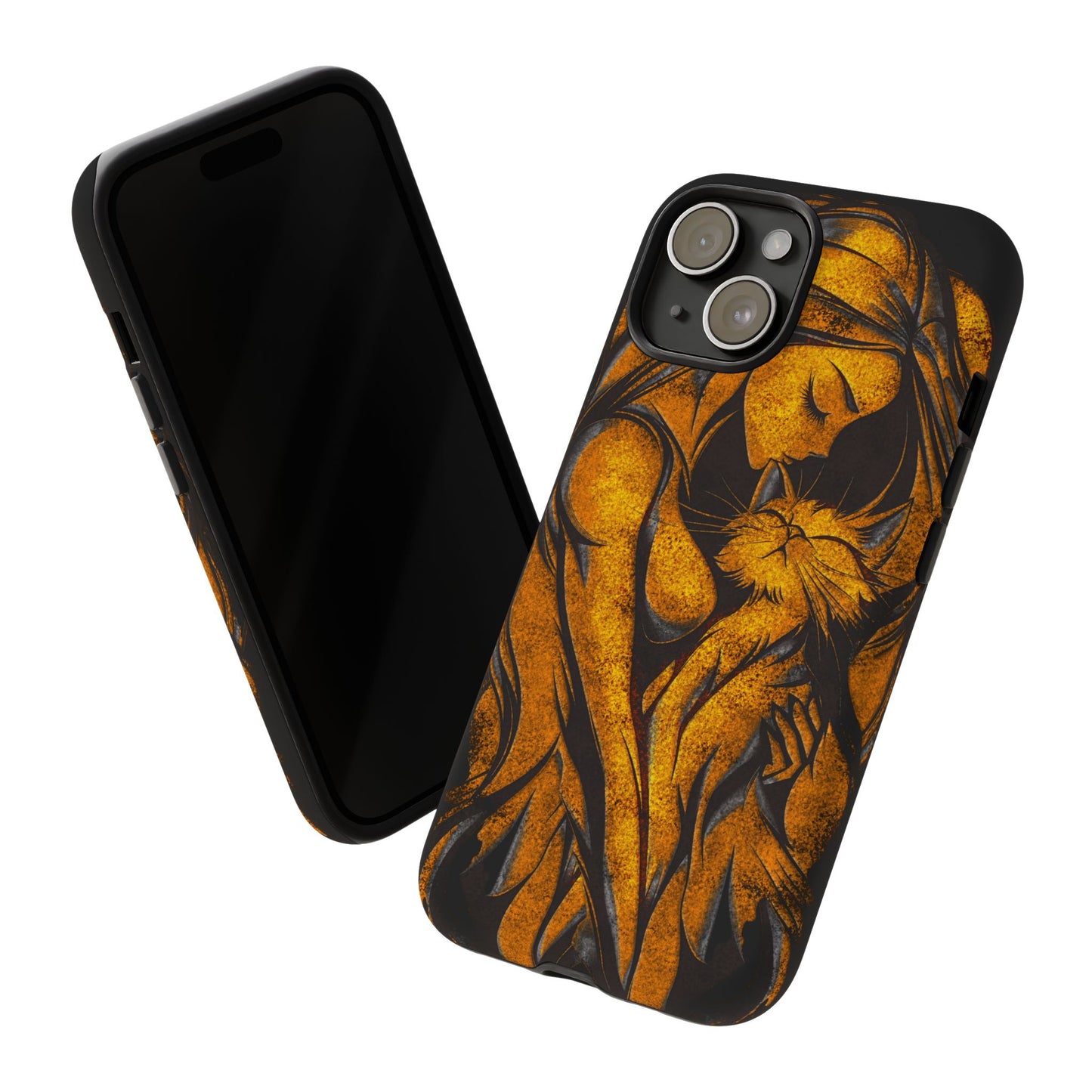 Phone Tough Case, Woman Hugging Cat, Gold on Black, Gift for Cat Lovers, Protective Case, Mobile Accessories