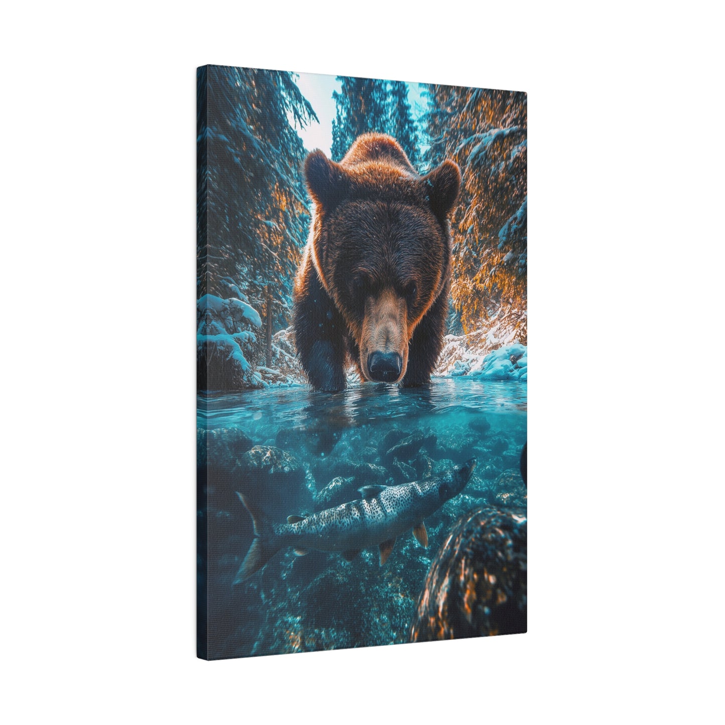 A Vertical Canvas Print of - A Bear Fishing in Winter.