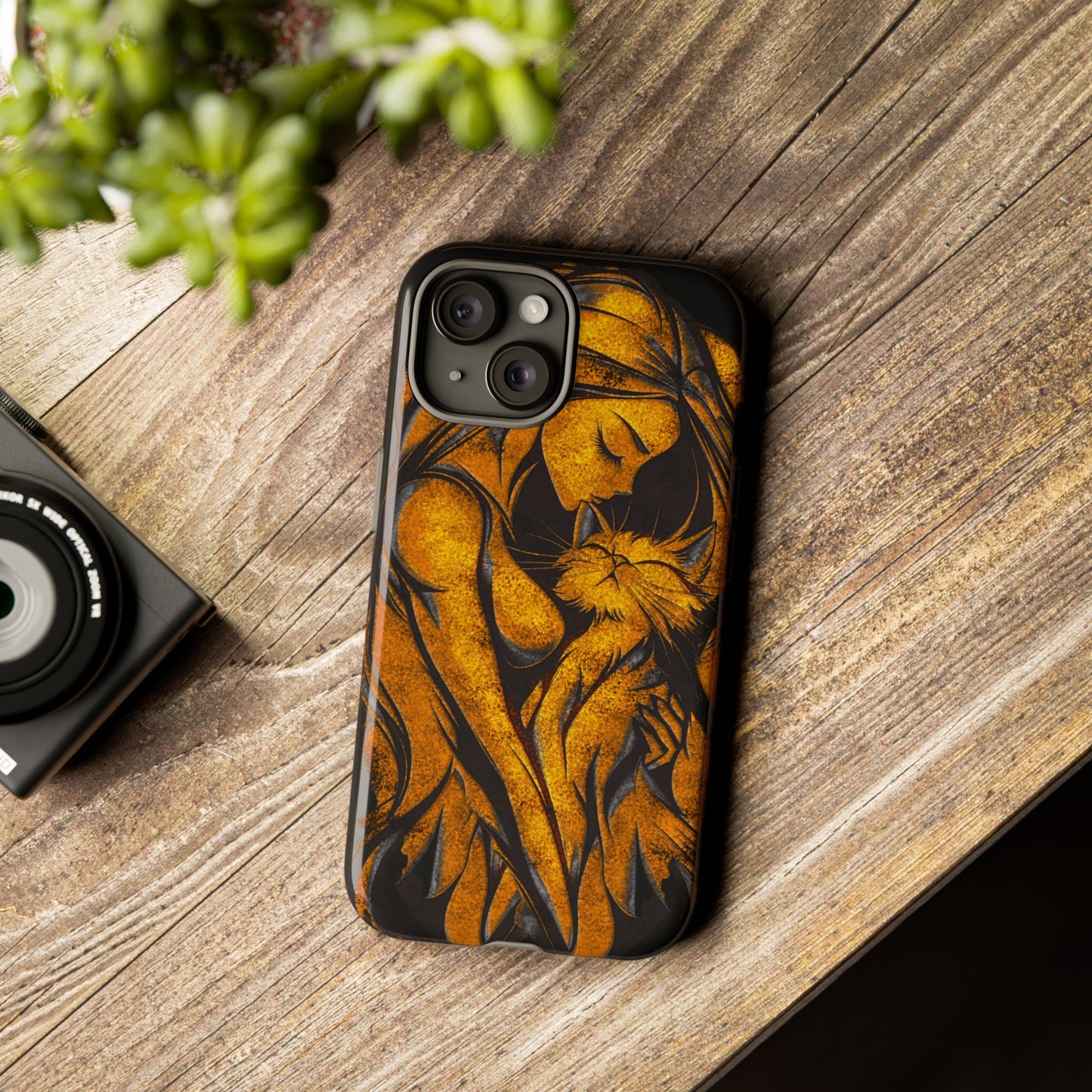 Phone Tough Case, Woman Hugging Cat, Gold on Black, Gift for Cat Lovers, Protective Case, Mobile Accessories