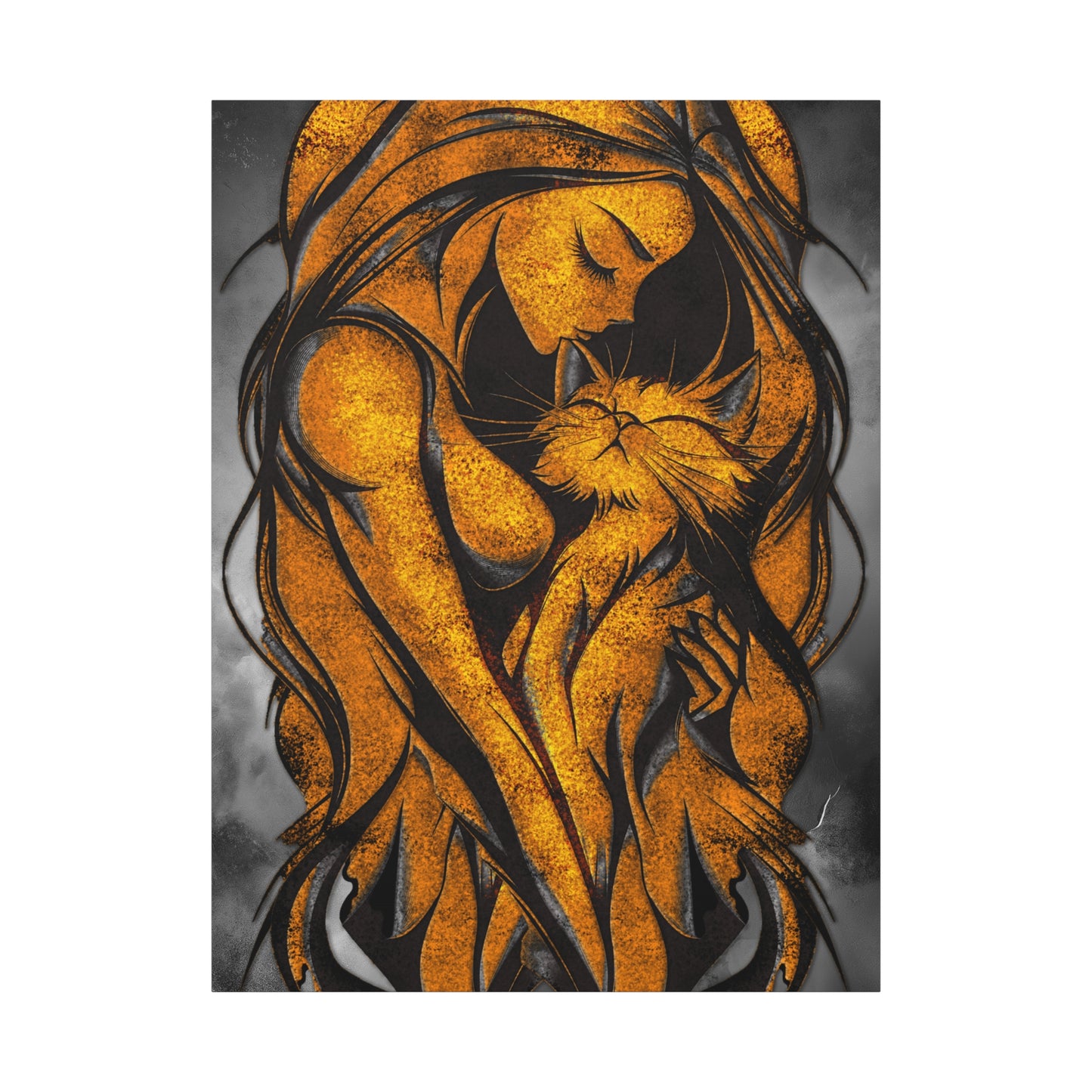 A Vertical Canvas Wall Print, Golden Woman Hugging Cat, Home Decor Wall Art, Matte Print, Stretched Canvas, Gift for Cat Lovers, Wall Decor.