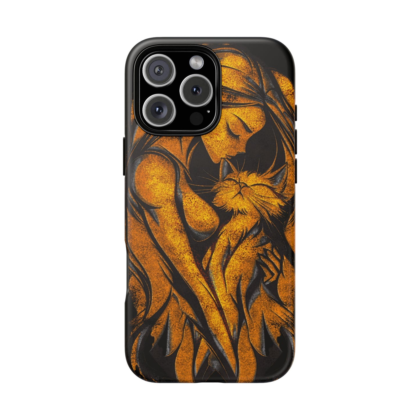 Phone Tough Case, Woman Hugging Cat, Gold on Black, Gift for Cat Lovers, Protective Case, Mobile Accessories
