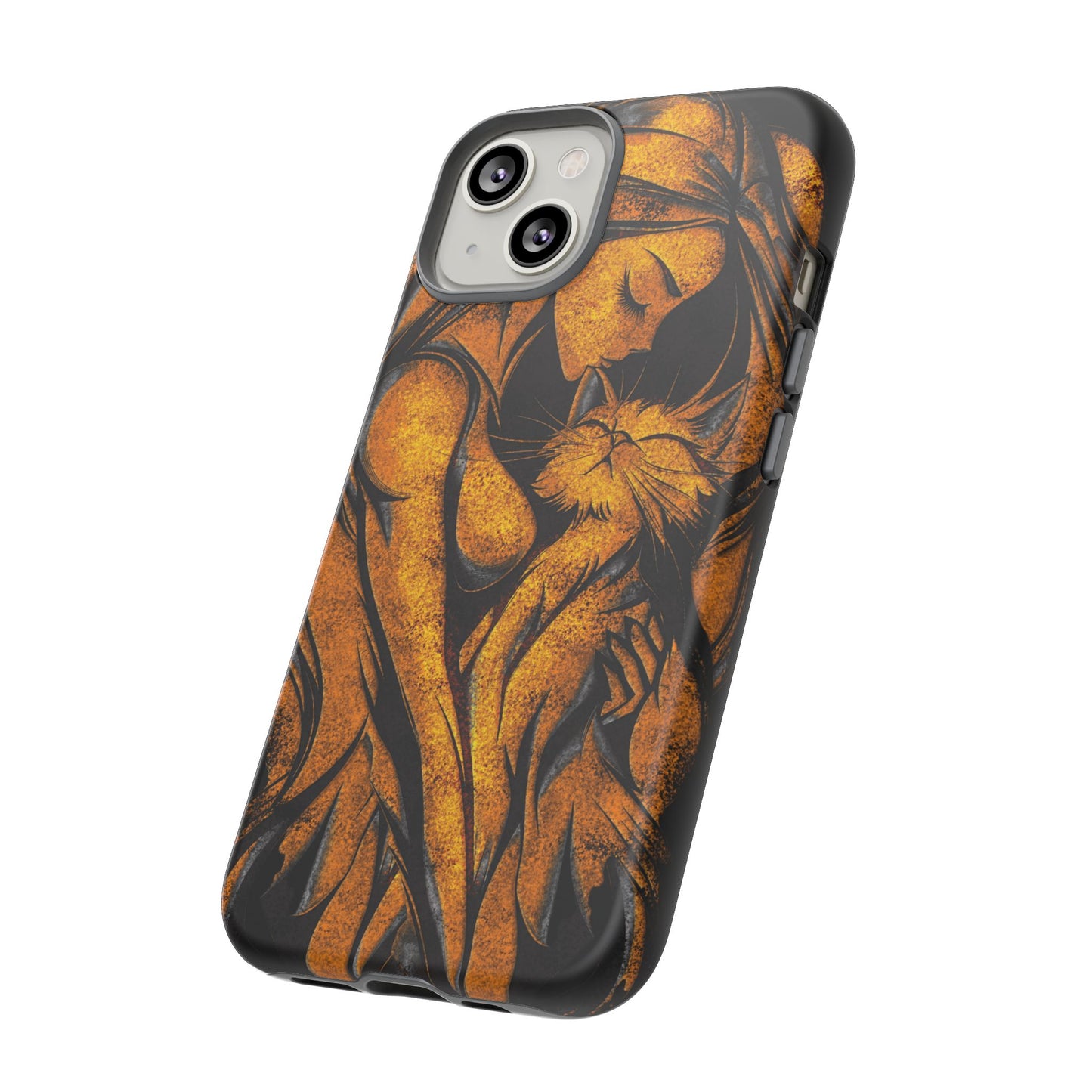 Phone Tough Case, Woman Hugging Cat, Gold on Black, Gift for Cat Lovers, Protective Case, Mobile Accessories