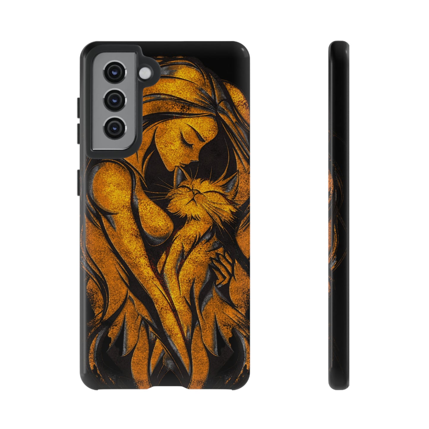 Phone Tough Case, Woman Hugging Cat, Gold on Black, Gift for Cat Lovers, Protective Case, Mobile Accessories
