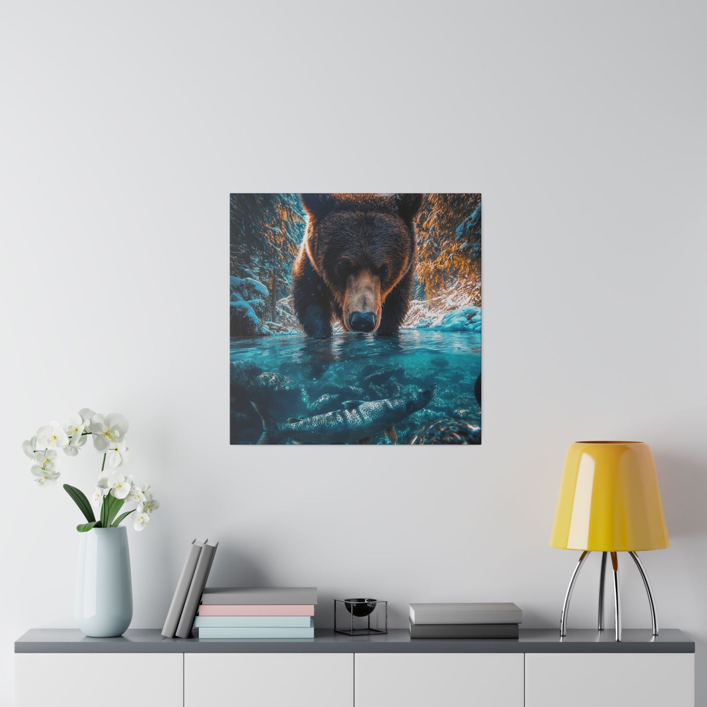 A Vertical Canvas Print of - A Bear Fishing in Winter.